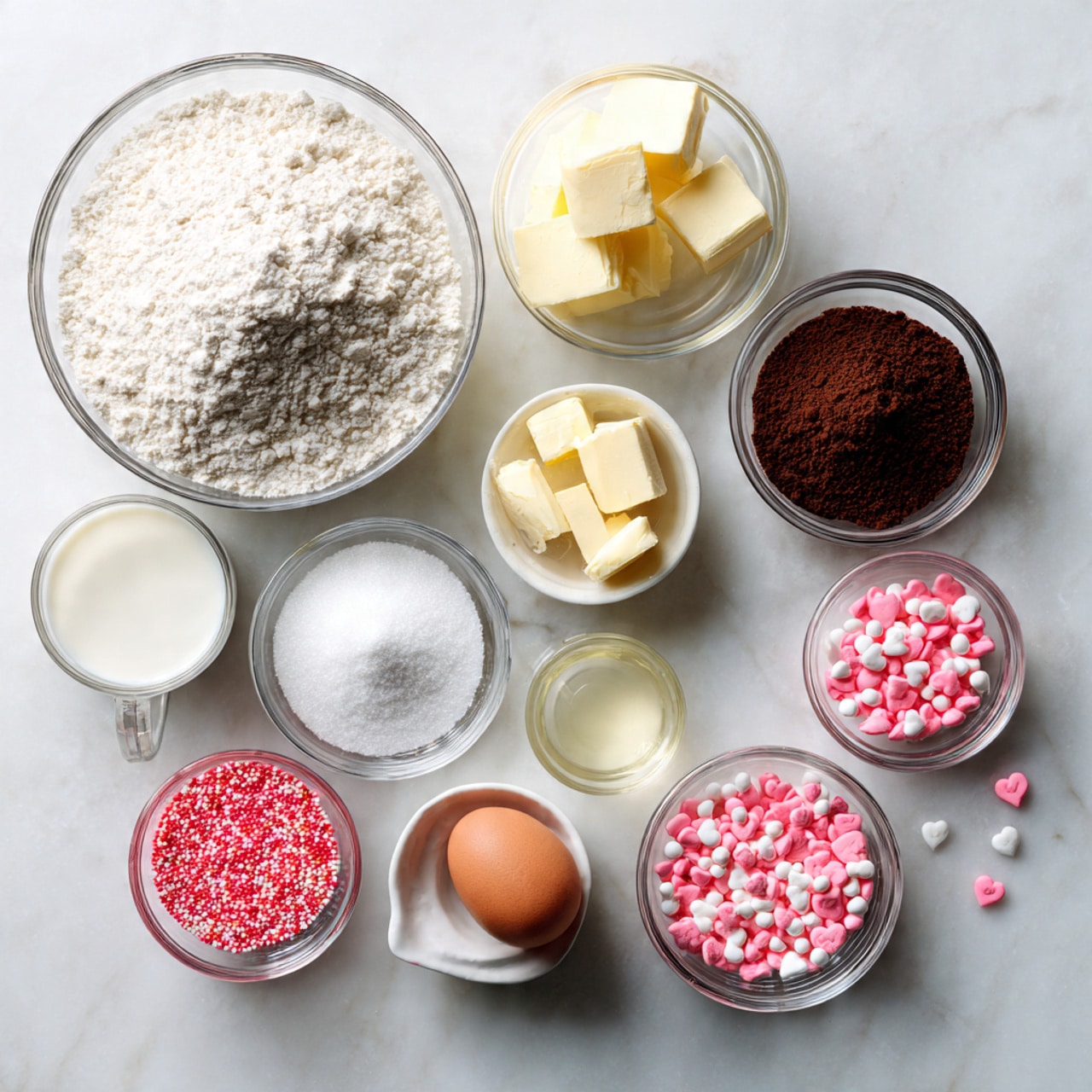 The image shows several heart-shaped cookies on a white marbled surface, some with two layers: a dark brown cookie base with a cut-out heart in the center filled with colorful sprinkles, and bright pink frosting sandwiched between the layers. Other cookies are fully covered with smooth pink icing, some decorated with small red or white sprinkles. There are also small pink heart-shaped cookies with black smiling faces on them, placed among the larger ones. The colors contrast nicely against the white marbled background, making the cookies look cheerful and sweet. photo taken with an iphone --ar 4:5 --v 7