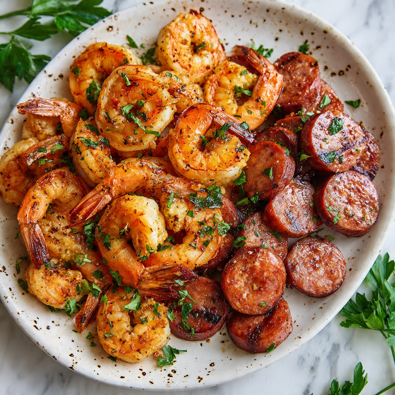 A white oval plate holds a generous serving of cooked shrimp and sliced sausage. The shrimp are a bright orange color with visible seasoning and grill marks, their tail ends intact, arranged mostly piled on the left and center parts of the plate. The sausage slices are thick and round with a reddish-brown color and slight charring, clustered mainly on the right side of the plate. The plate itself has a speckled pattern with brown and black spots around the edges. The background shows a white marbled surface with a few green parsley leaves partially visible at the bottom corners. Photo taken with an iphone --ar 4:5 --v 7