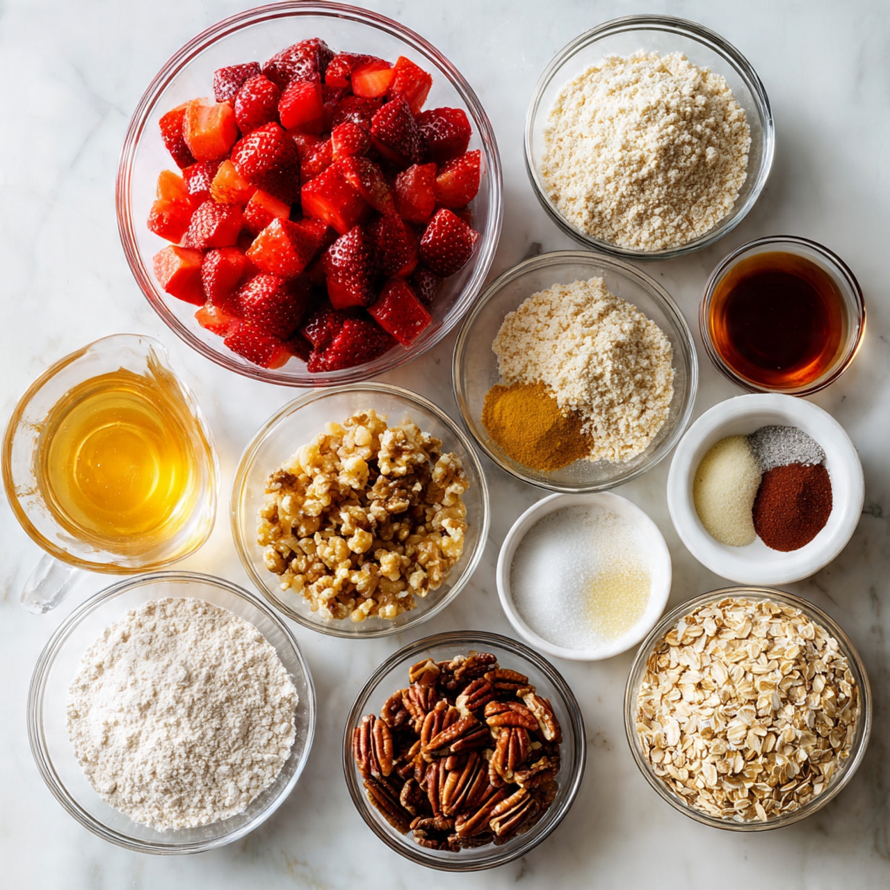 The image shows multiple clear glass bowls of different sizes arranged on a white marbled surface, each filled with various ingredients. At the top left is a large bowl filled with fresh, chopped red strawberries. Surrounding it are smaller bowls containing light beige almond flour, golden brown chopped walnuts, pale yellow applesauce, white powdery flour or baking mix in a white bowl, dark brown and white spices mixed, light brown ground flaxseed, clear liquid, and light golden maple syrup in a small glass pitcher. A larger bowl of light beige rolled oats and another bowl of chopped pecans are placed near the bottom, all with visible texture in the clear glass. The overall layout is neat and clean, with each ingredient clearly visible. Photo taken with an iphone --ar 4:5 --v 7