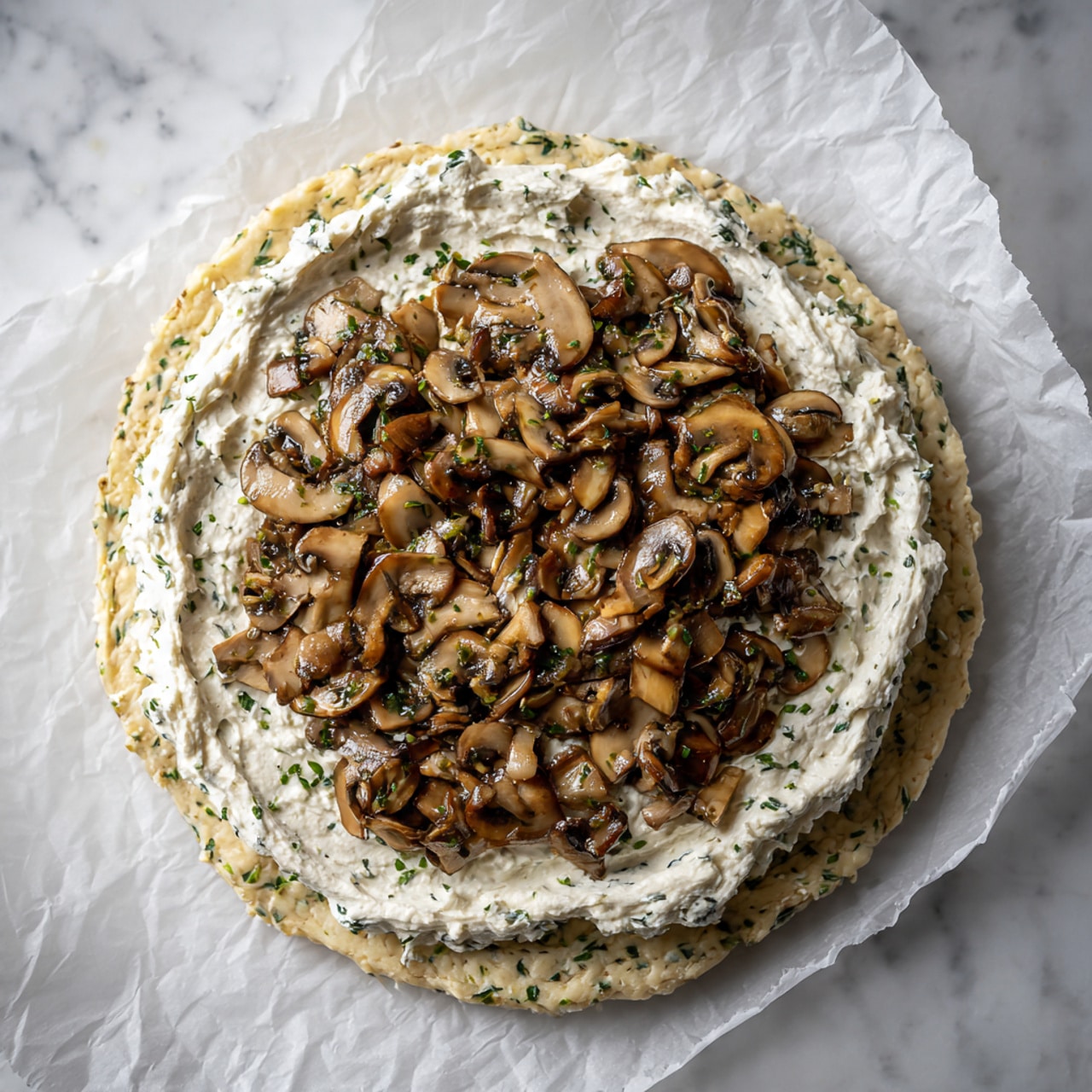 A round galette with a crust folded unevenly around the edges rests on a baking sheet lined with white parchment paper. The crust is golden with visible herbs mixed in, giving a slightly speckled appearance. Inside the crust is a layer of sliced mushrooms, covered by a generous layer of pale yellow shredded cheese, sprinkled with small green herb leaves. The baking sheet sits on a white marbled surface. photo taken with an iphone --ar 4:5 --v 7