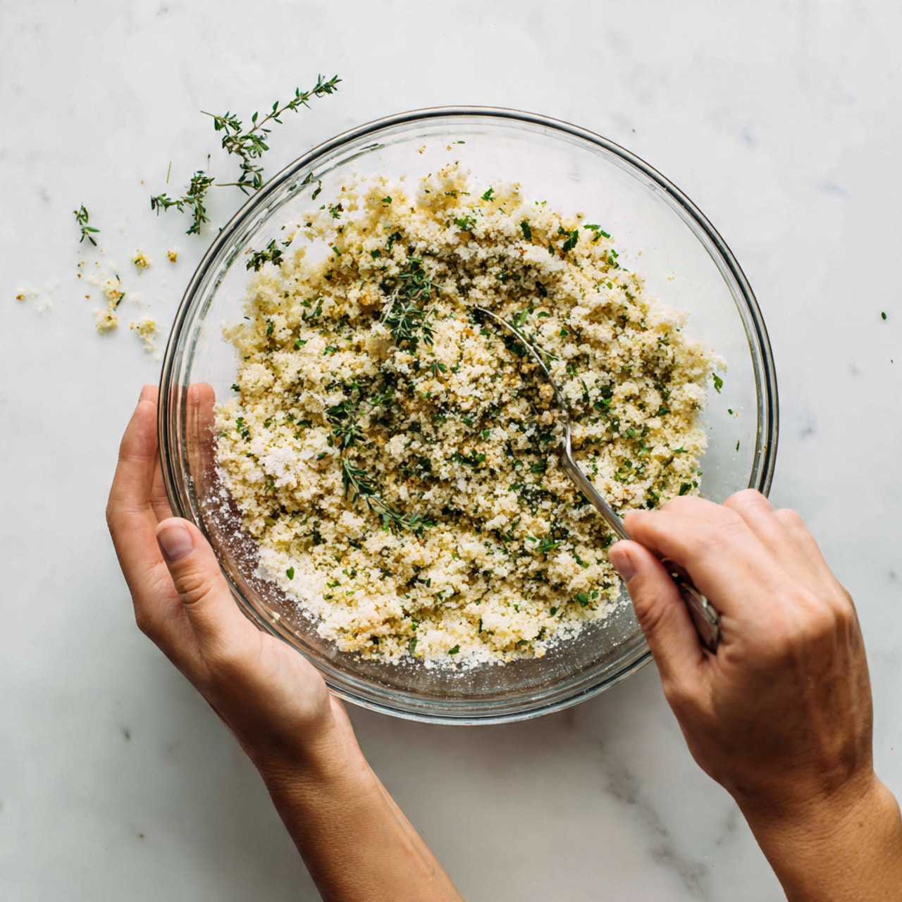 The image shows two parts: the top part has a clear glass bowl with a metal strainer placed on top, with a beige tray being tilted over it, all set on a white marbled surface. The bottom part shows a clear glass bowl containing a mix of couscous and green herbs. Two woman's hands are visible, one holding the bowl from the side and the other stirring the mixture with a spoon. The wooden texture beneath is replaced by white marbled texture as per instructions. photo taken with an iphone --ar 4:5 --v 7
