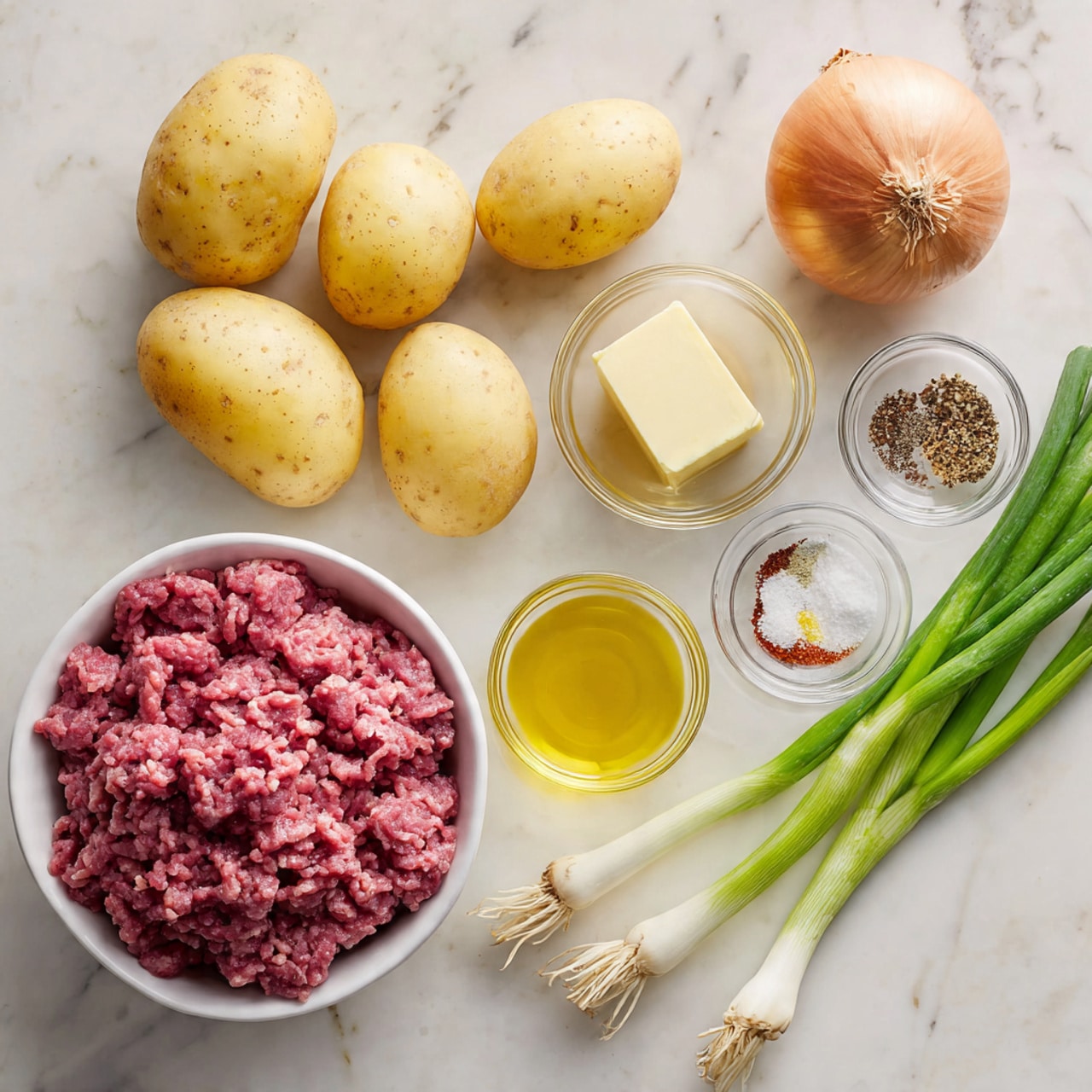 The image shows ingredients arranged on a white marbled surface: five light yellow potatoes on the left, a white bowl filled with ground purple-pink meat near the top center, a whole light brown onion next to it on the right, a small glass bowl with a yellow cube of butter below, a glass bowl with golden olive oil to the right of the butter, and a small glass bowl holding white salt, black pepper, red paprika, and light brown garlic powder near the top right. Two green onions with white ends are placed diagonally across the bottom right side. Photo taken with an iphone --ar 4:5 --v 7