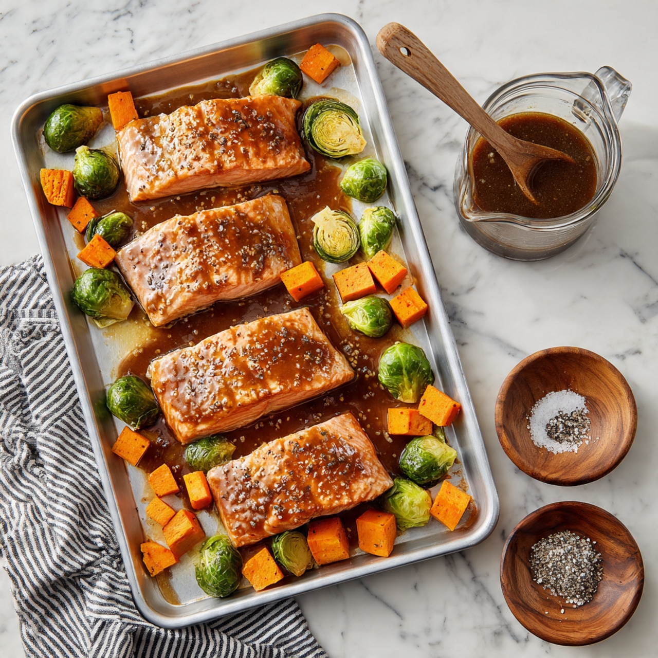 A metal tray holds four pieces of raw chicken covered in a shiny brown sauce, arranged in a loose rectangular shape. Around the chicken are small bright orange cubes of sweet potato and halved green Brussels sprouts, some laying on their side showing a lighter green inside. To the right of the tray on a white marbled surface are three small round wooden bowls, two filled with salt and pepper, and a clear glass measuring cup containing a dark brown sauce. A black and white striped cloth is partially visible behind the measuring cup. Photo taken with an iphone --ar 4:5 --v 7