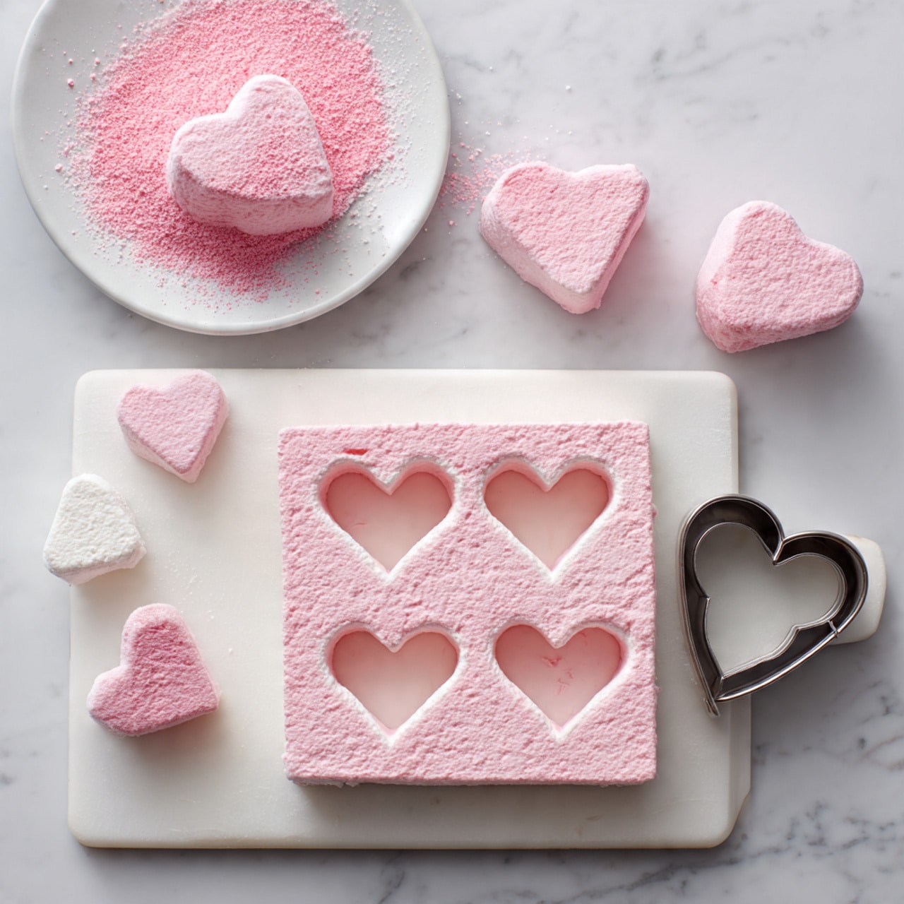 A white cutting board on a white marbled surface holds a square pink frosted cake or thick dessert layer, with five heart shapes cut out using a metal heart-shaped cutter placed nearby. The cake’s top layer is smooth and creamy, pale pink in color, and the heart shapes expose the white cutting board underneath. Around the board, several pink heart-shaped pieces of the cake are arranged, and a white plate to the top left of the image contains two of these pink heart-shaped pieces resting on a bed of finely crushed pink powder. photo taken with an iphone --ar 4:5 --v 7