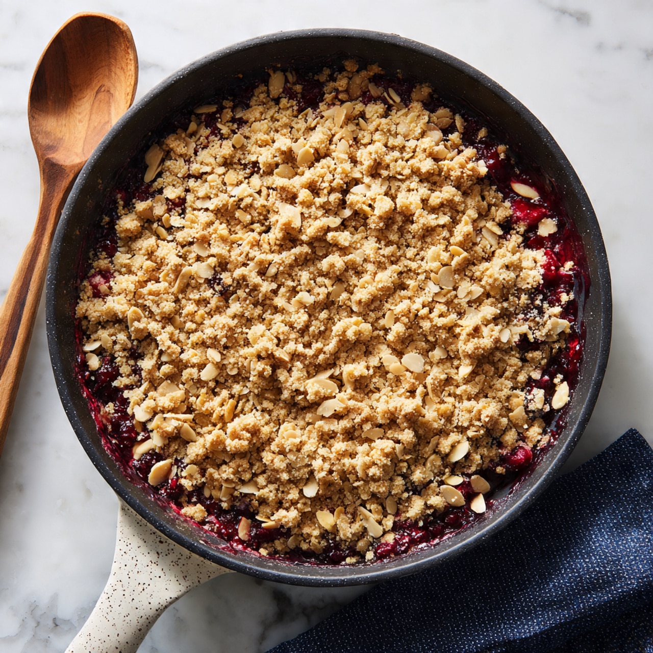A round black skillet with a white speckled handle holds a dessert with two main layers visible: the bottom layer consists of dark red fruit pieces visible around the edges, and the top layer is a crumbly mixture made of light beige oat flakes and small almond slices, creating a coarse, uneven surface. The skillet is placed on a white marbled surface with a dark blue textured cloth nearby. Photo taken with an iphone --ar 4:5 --v 7