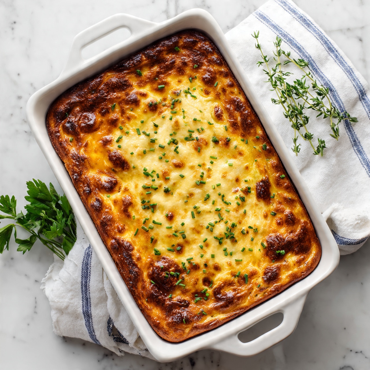 A white rectangular baking dish filled with a baked dish that has a golden brown top layer with some darker brown spots, showing a smooth, slightly bubbly texture. The top is sprinkled with small green herb pieces evenly scattered, adding a fresh look. The dish sits on a white marbled surface with a white cloth featuring blue stripes partially underneath it. Some fresh green herbs are placed nearby for decoration. Photo taken with an iphone --ar 4:5 --v 7