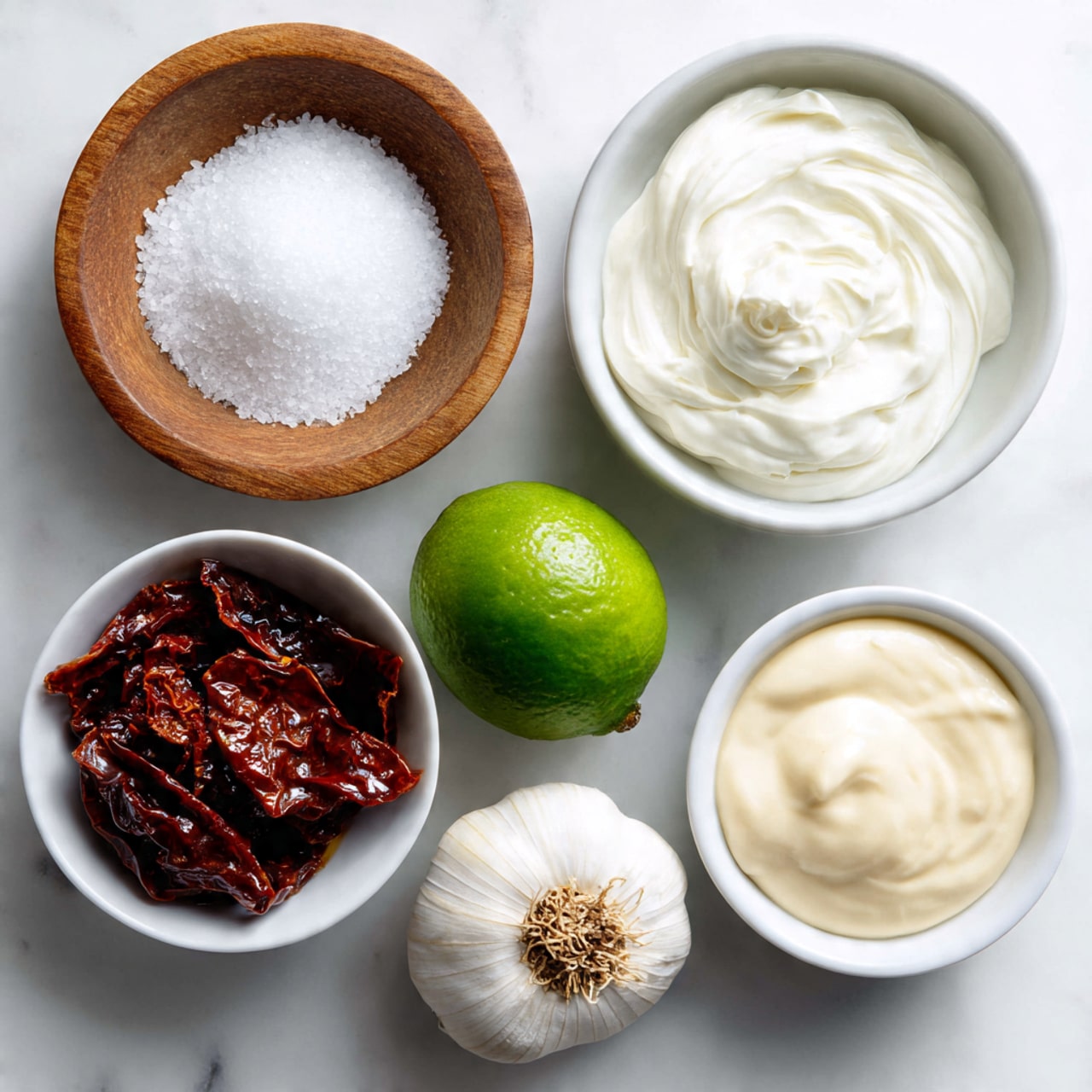 A clear food processor bowl filled with several layers of ingredients before mixing: a smooth, thick white layer covering half the bowl on the right side, a creamy beige layer next to it on the left, a whole pale garlic clove sitting near the center-left, a dark red thick sauce on the top left, a cluster of brown sugar on the upper right next to the red sauce, and a small pile of coarse white salt near the top right edge. The food processor is set on a white marbled surface with a wooden bowl of white salt and a white cloth visible nearby. Photo taken with an iphone --ar 4:5 --v 7