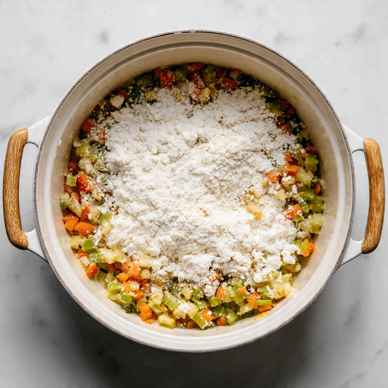 A white pot with light wooden handles sits on a white marbled surface, filled with a mix of diced vegetables including green celery and orange carrots sautéed to softness. On top, there is a layer of white flour sprinkled unevenly over the cooked vegetables, creating a mix of rough and smooth textures inside the pot. The pot is centered in the image with clear lighting that highlights the natural colors and the contrast between the flour and the cooked vegetables inside. photo taken with an iphone --ar 4:5 --v 7