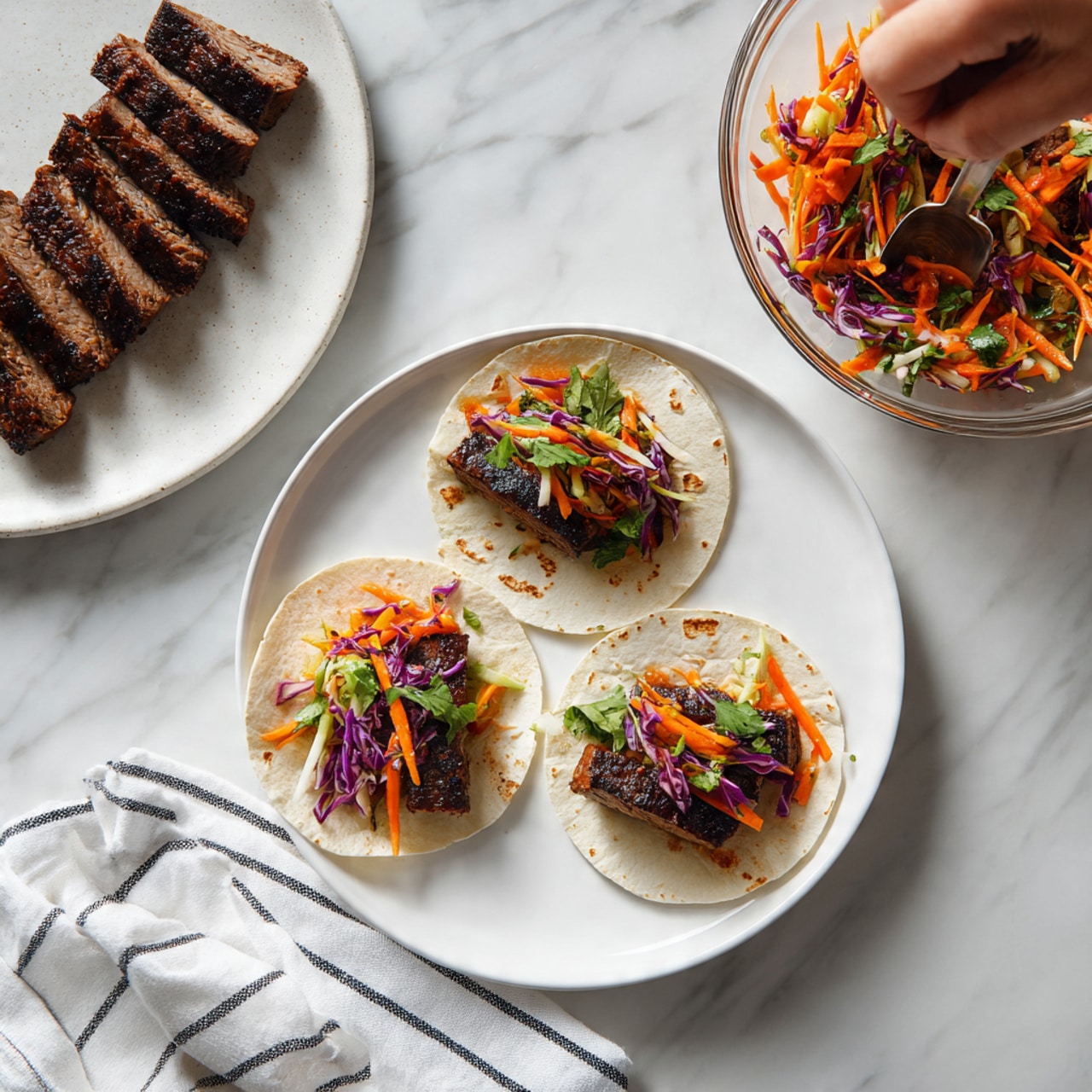 A close-up view of a white plate with two pieces of cooked steak, each topped with a thick, dark reddish-purple mushroom sauce full of sliced mushrooms and herbs. One piece of steak is near the bottom center, showing a browned, textured surface, while the second piece is partly covered by a spoon full of sauce positioned slightly above it. To the right side of the plate, there are two sprigs of fresh green thyme resting on the white marbled surface. In the background, a white ramekin filled with more of the mushroom sauce and a silver spoon lie on the white marbled texture. photo taken with an iphone --ar 4:5 --v 7