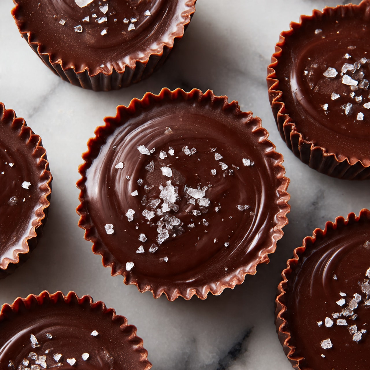 The image shows six chocolate cups arranged on a white marbled surface. Each cup has three main layers visible: a smooth, shiny dark brown chocolate top layer with a slight swirl texture in the center, a thin lighter brown layer beneath the top, and a ridged chocolate shell holding the layers. Small coarse salt flakes are scattered on top, adding texture and shine. The chocolate cups have a round shape with slightly ruffled edges that hold the layers together. Photo taken with an iphone --ar 4:5 --v 7