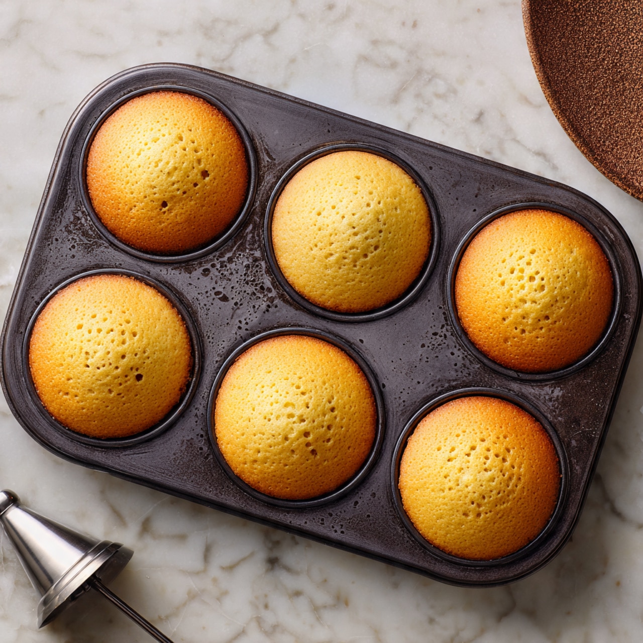 A dark metal muffin tray holds six freshly baked yellow cupcakes, each with a smooth, lightly golden top and small air holes dotting the surface. The cupcakes are evenly round and fit snugly inside the tray’s circular molds, which show signs of use with a slight textured pattern and small burned spots. The tray rests on a white marbled textured surface, and the image shows part of a textured brown item on the top right and a metal piping tip tucked in the bottom left. photo taken with an iphone --ar 4:5 --v 7