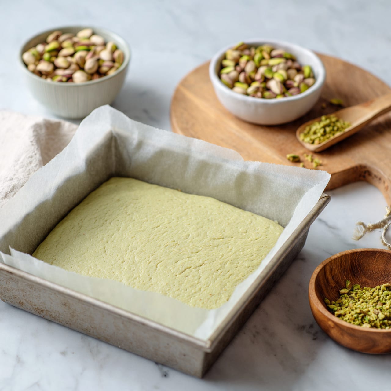 The image shows a square metal baking pan lined with parchment paper holding a smooth, even layer of pale yellow dough pressed flat at the bottom. In the background on a white marbled surface, there is a white bowl filled with pistachios placed on a round wooden board next to a small wooden bowl with crushed pistachios and a wooden spoon. The scene is calm and simple with natural light highlighting the textures. photo taken with an iphone --ar 4:5 --v 7