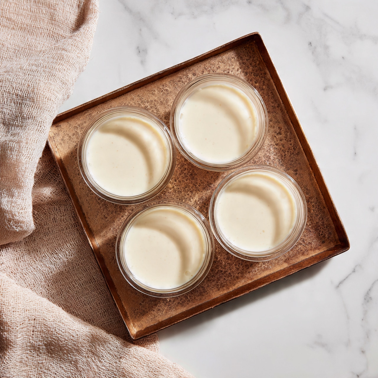 Four small clear glass bowls each filled with smooth, creamy off-white liquid mixture are placed neatly on a textured bronze square tray. The bowls are arranged in a 2 by 2 formation, with equal spacing between them. The surface underneath the tray is a white marbled texture. To the left side of the tray, there is a soft, light brown textured cloth partially visible. The overall scene is clean and minimalistic with soft, natural lighting. photo taken with an iphone --ar 4:5 --v 7