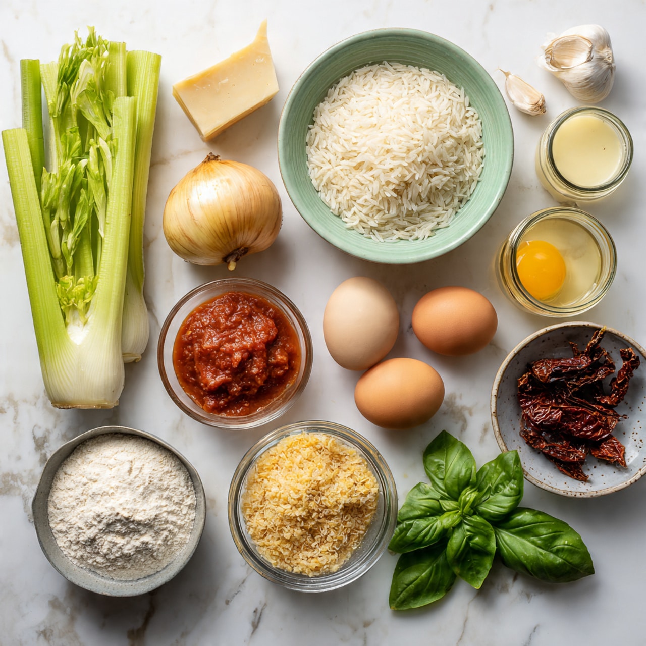The image shows a flat lay of ingredients on a white marbled surface. In the top left corner, there is a long green celery stalk with light green ribs next to two whole yellow onions. Below them, there is a small block of pale yellow cheese and two cloves of garlic. To the right of the celery and onions, there is a pale green bowl filled with white rice grains. Next to it are glass jars containing a light yellow liquid and a red tomato sauce. Below the jars, there is a small clear glass bowl with golden breadcrumbs. At the bottom left, there is a small grey bowl filled with white flour, two brown eggs, a bunch of fresh green basil leaves, and a small round bowl with dark red sun-dried tomatoes. All items are arranged neatly in separate groups. photo taken with an iphone --ar 4:5 --v 7