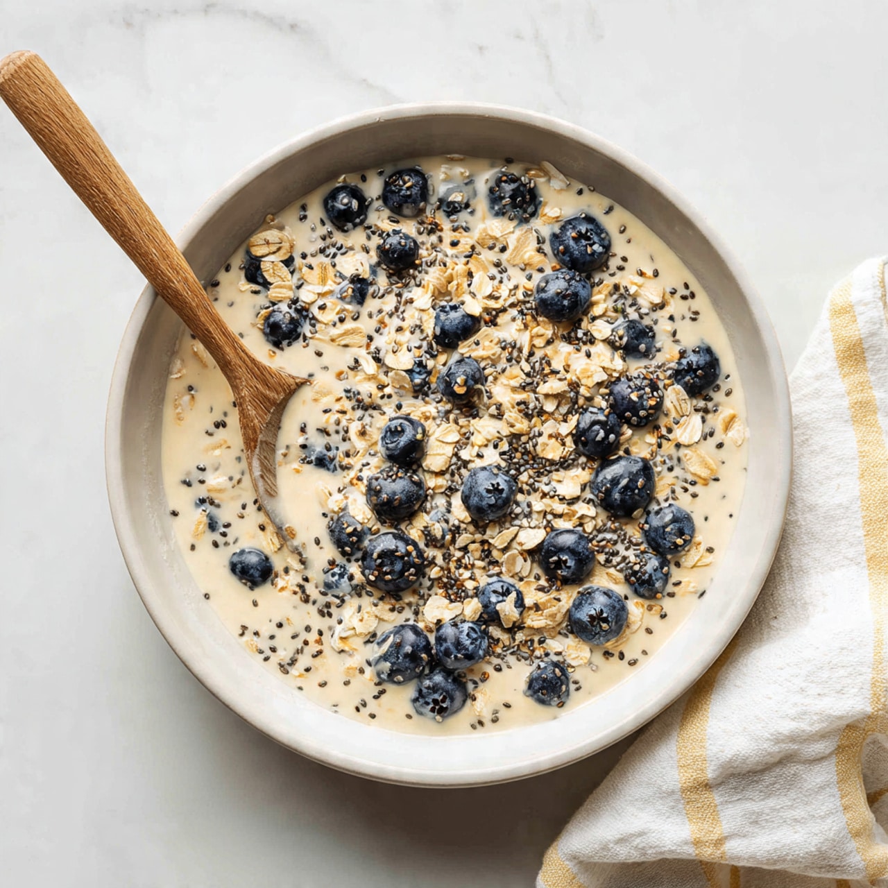 A top view of a large white bowl filled with a mix of light beige oats, small black chia seeds, and scattered dark blue blueberries in a creamy liquid with a slightly thick texture. A wooden spoon is partially immersed on the left side of the mixture, which has an uneven but natural mix of ingredients. The bowl sits on a white marbled surface with a white and yellow-striped cloth loosely placed to the right side. Photo taken with an iphone --ar 4:5 --v 7