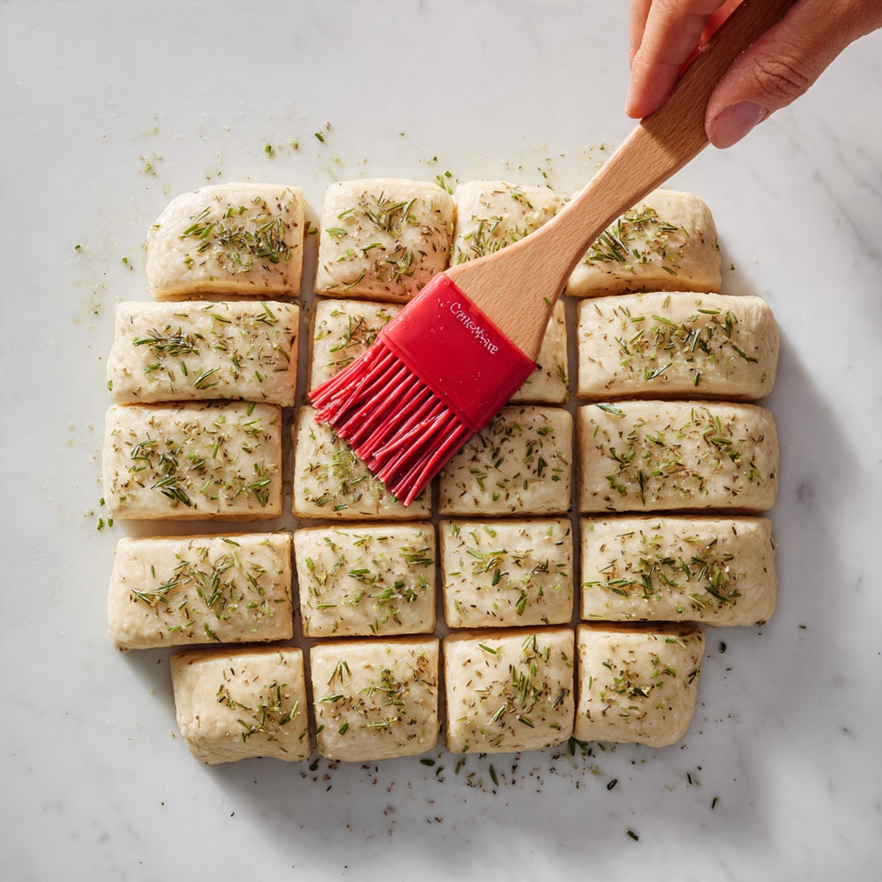A white marbled surface holds a circle of uncooked dough, cut into 20 rectangular pieces arranged in a roughly 4 by 5 grid. Each dough piece is pale beige with a slightly shiny texture, sprinkled evenly with small green herb bits. A woman's hand is holding a wooden brush with red silicone bristles, gently applying a clear liquid to the dough strips from the top center. The scene is well-lit, showing a clean and bright food preparation area. photo taken with an iphone --ar 4:5 --v 7