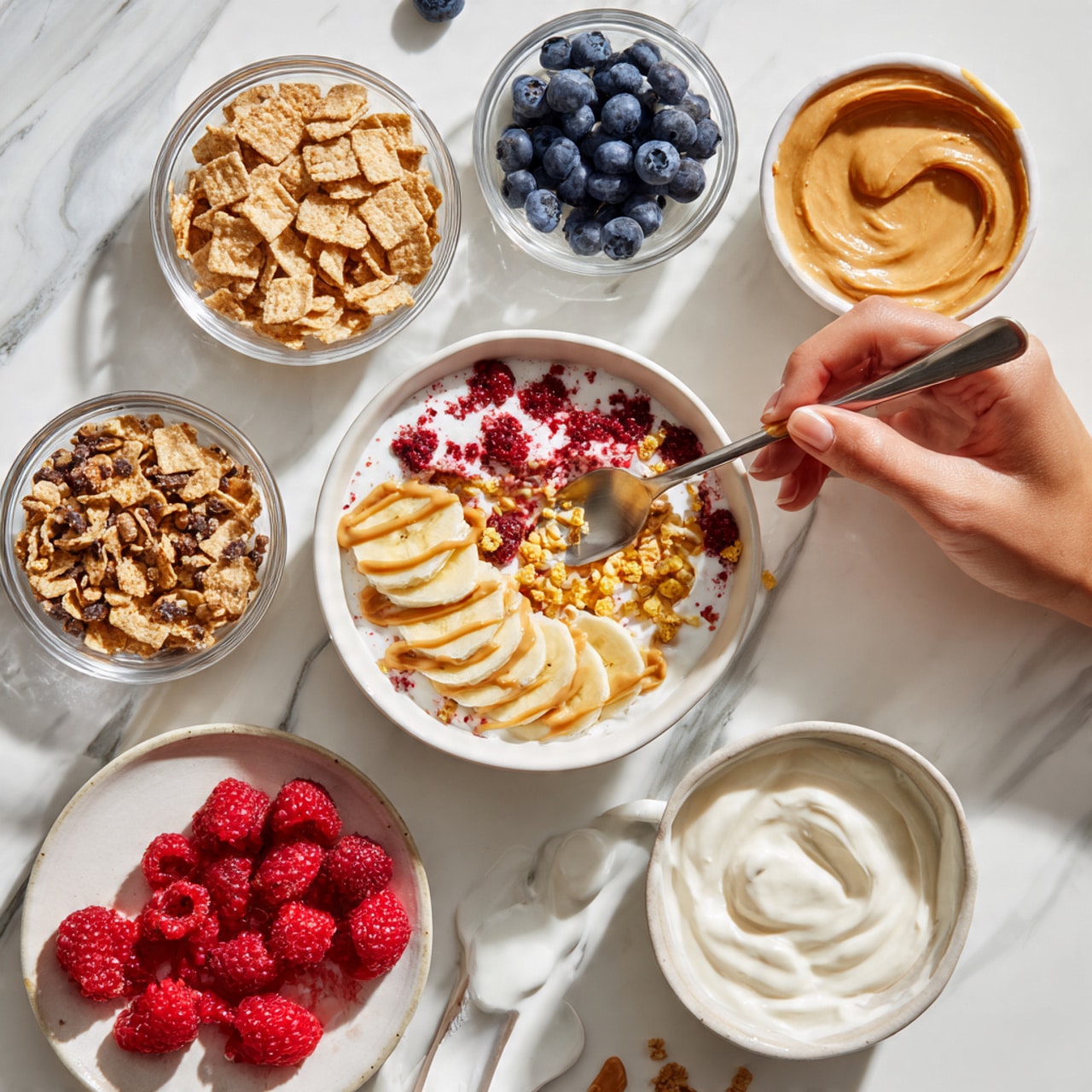 The image shows a top view of a white marbled surface with several white bowls and plates arranged on it. One central white bowl contains a mix of crushed red raspberries and white creamy yogurt, topped with small yellow cereal pieces and drizzled with light brown peanut butter, with a creamy texture and some pieces of cereal visible. Above it is another white bowl with white yogurt, neatly topped with banana slices on one side and whole blueberries on the other side. To the left are two smaller clear bowls, one filled with light brown square cereal pieces and the other with dark brown granola clusters. Below them is a white plate with partially mashed bright red raspberries and a silver fork resting on it. To the right sits a small clear bowl of smooth light brown peanut butter and below it, another clear bowl of thick white yogurt with a spoon in it. A woman's hand holding the spoon is visible near the yogurt bowl. A few whole blueberries and raspberries are scattered around the bowls. The scene has a clean, fresh look with neat, colorful layers visible in the bowls photo taken with an iphone --ar 4:5 --v 7