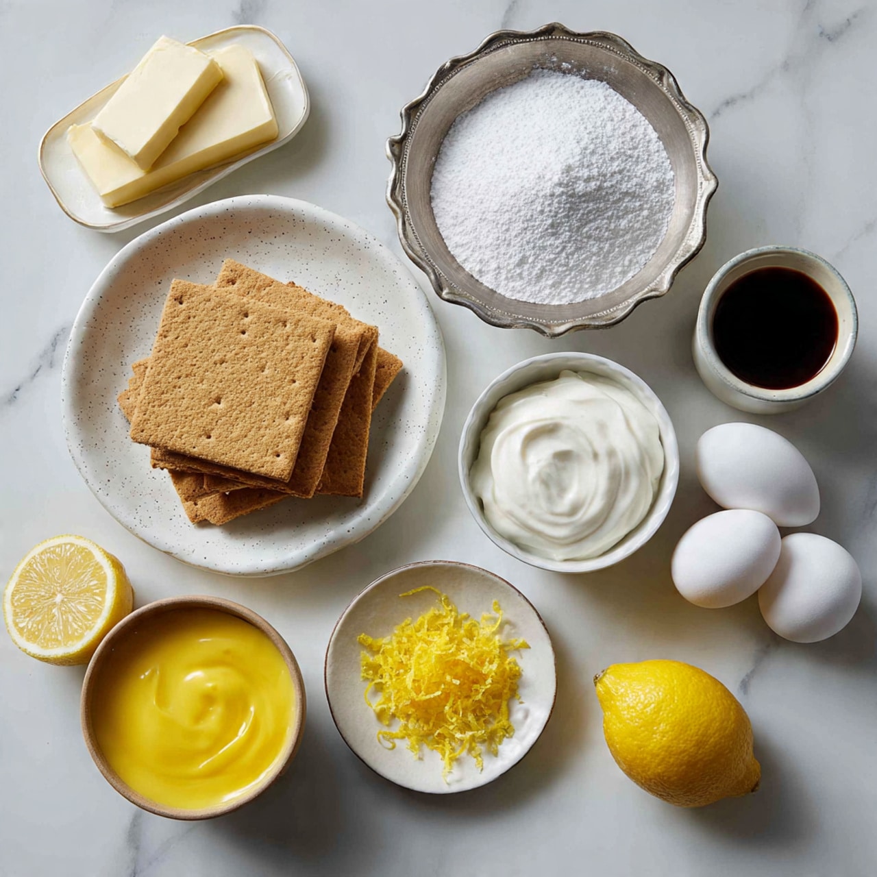 The image shows ingredients arranged neatly on a white marbled surface. There is a white speckled plate filled with light brown rectangular graham crackers, stacked in layers. Next to it is a vintage metal bowl filled with white granulated sugar, with a scalloped edge. Below the sugar are two white eggs placed side by side. A small white speckled plate holds bright yellow lemon zest. A halved lemon with a bright yellow inside sits nearby. A small round brown bowl contains smooth white cream, and next to it is a white bowl filled with thick yellow pudding. A small ceramic cup holds a dark liquid, likely vanilla extract. In the top left corner, three unwrapped sticks of butter are laid out on the surface. The whole scene is calm and clean. Photo taken with an iphone --ar 4:5 --v 7
