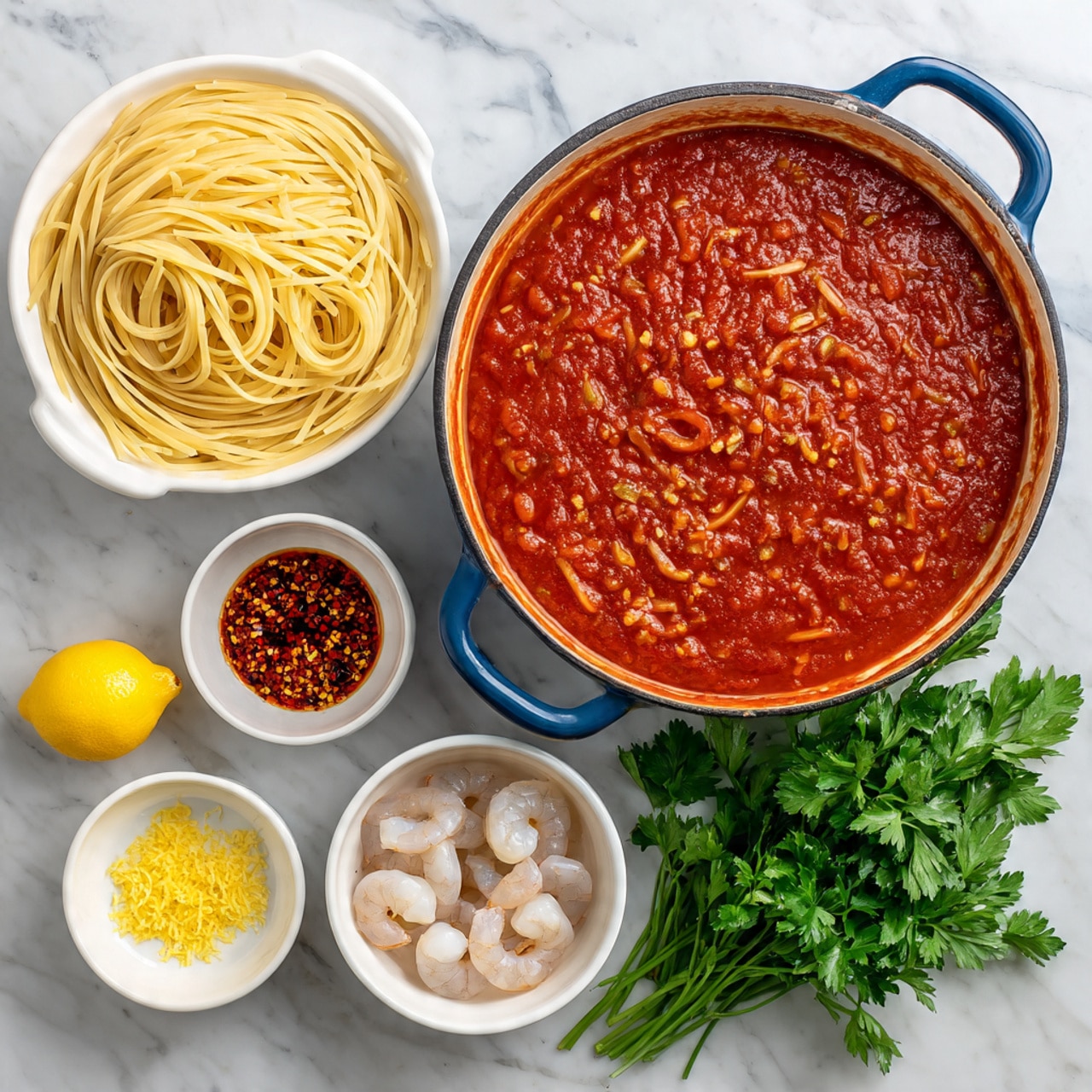 The image shows various cooking ingredients arranged neatly on a white marbled surface. There is a block of white feta cheese on a white plate at the top left, next to a whole yellow lemon placed in the center. An open can of bright red chopped tomatoes is at the top right, beside a small white bowl containing dark balsamic liquid. Below the lemon, there is a group of purple garlic cloves and a whole light brown onion to the left. A clear glass with pale white wine is in the middle, above a white bowl filled with raw pale pink prawns or shrimp on the right. At the bottom left, a small white dish holds dark red harissa paste next to a brownish stock liquid in a clear container. Fresh green coriander or cilantro leaves are at the bottom, near a bundle of unpacked pale yellow pasta strands partially covered with black wrapping. Photo taken with an iphone --ar 4:5 --v 7