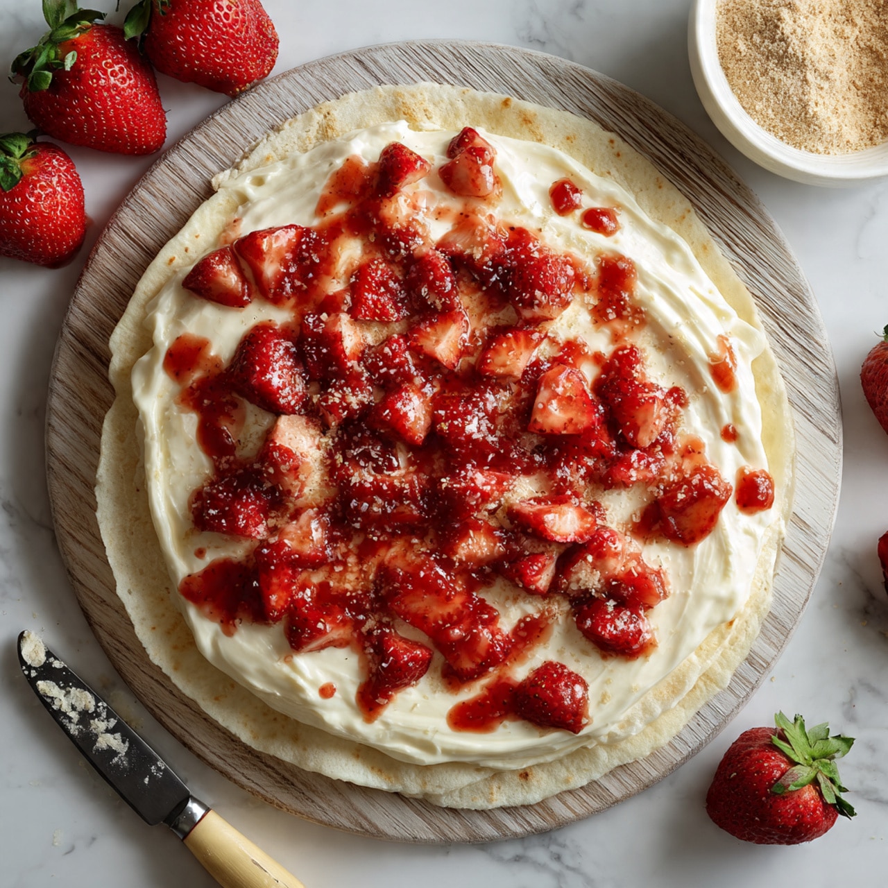 A white tortilla is spread with a thick layer of white creamy mixture that is dotted with small red strawberry pieces evenly mixed throughout. The tortilla rests on a white marbled surface that has a wooden texture print. To the top left, there are whole fresh strawberries, and on the right, a white bowl with brown powder sits partially in the frame. A butter knife with some cream on its edge lies at the bottom left near the tortilla. photo taken with an iphone --ar 4:5 --v 7