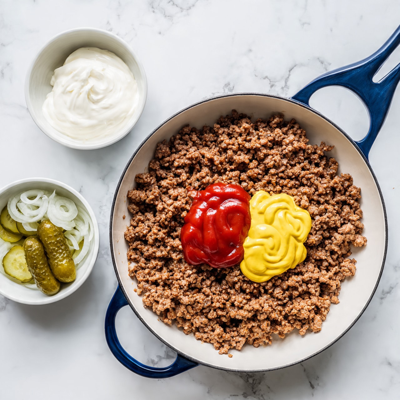 A white pan with a blue handle holds cooked ground beef mixed with small pieces of onion, forming a brown, crumbly layer that covers the pan evenly. On top in the center are two dollops, one bright red ketchup and one yellow mustard, sitting side by side. Next to the pan, there are two small white bowls placed on a white marbled surface. One bowl contains white cream, and the other has sliced green pickles along with thin white onion slices. The setting is clean and bright, showing fresh ingredients ready to be mixed. photo taken with an iphone --ar 4:5 --v 7