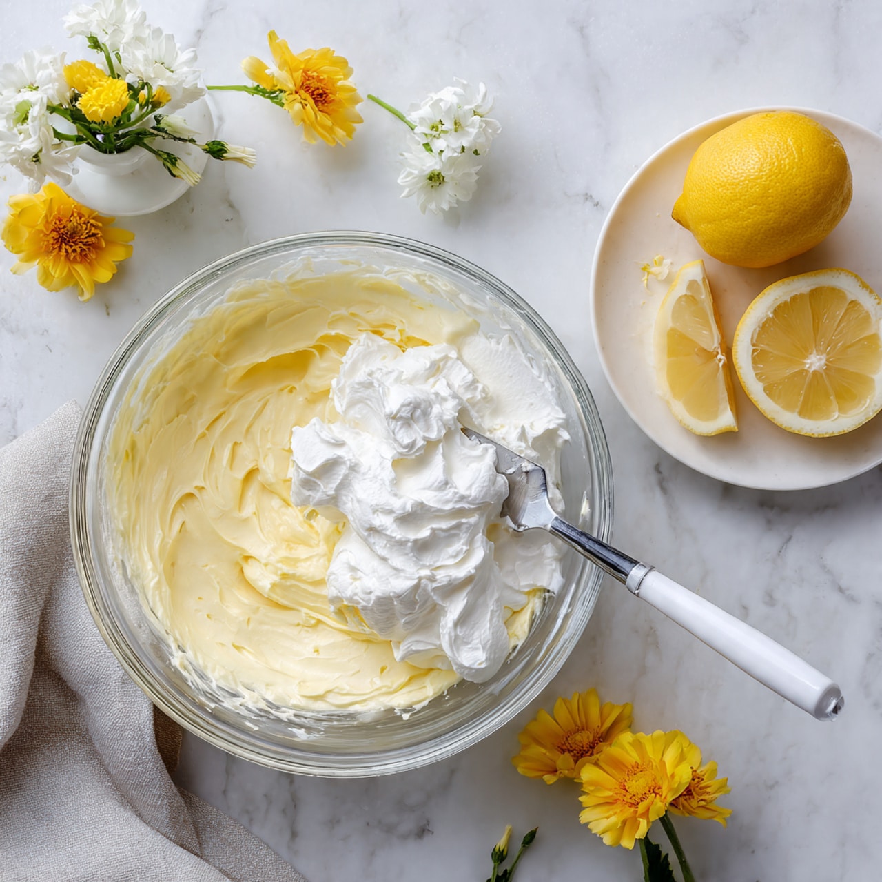 A clear glass bowl sits on a white marbled surface, holding two layers: a bottom layer of light yellow creamy mixture and a top layer of fluffy white whipped substance placed on one side. A white-handled spatula is partially inserted into the whipped layer, resting diagonally inside the bowl. Nearby, a white small plate holds two lemon slices, and a halved lemon with a visible seed sits next to it. Bright yellow flowers in a white vase and one loose flower are also placed on the surface, adding a fresh touch. A light gray cloth is partially visible at the bottom left corner. Photo taken with an iphone --ar 4:5 --v 7