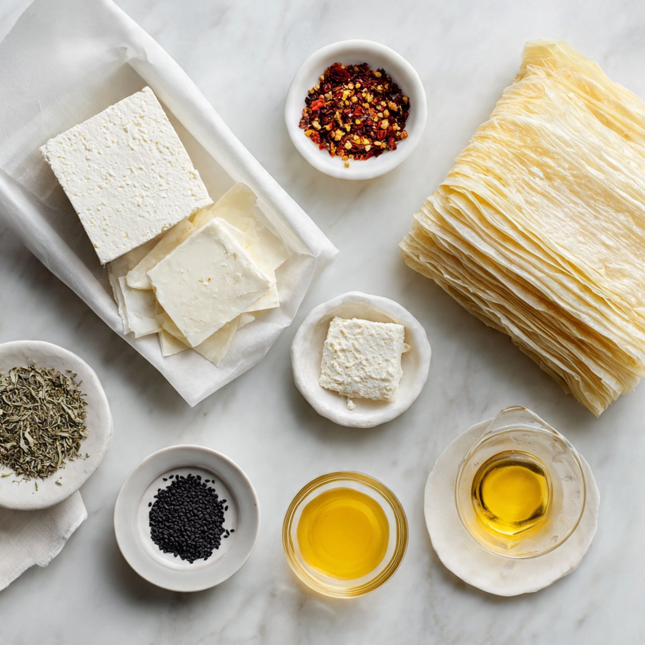 A large square sheet of thin, pale beige dough is placed flat on a white marbled surface. On the lower part of the dough, a narrow strip of off-white butter is spread out horizontally near the edge, covered evenly with a blend of crushed red flakes and green herbs, with some oil glistening around the strip, soaking slightly into the dough. The dough texture looks soft and slightly wrinkled, with faint lines showing folds. photo taken with an iphone --ar 4:5 --v 7