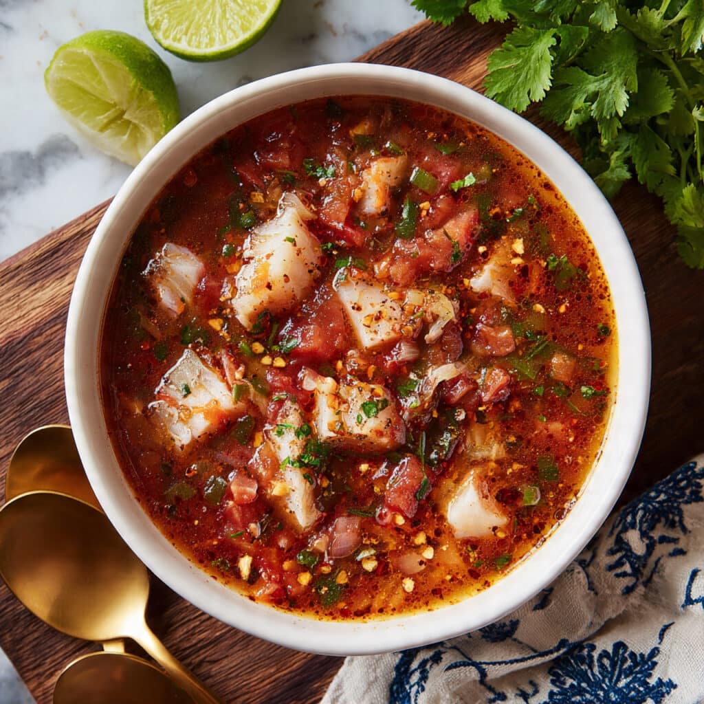 Hearty Fish Soup with Tomatoes, Red Peppers, and Fresh Herbs Recipe