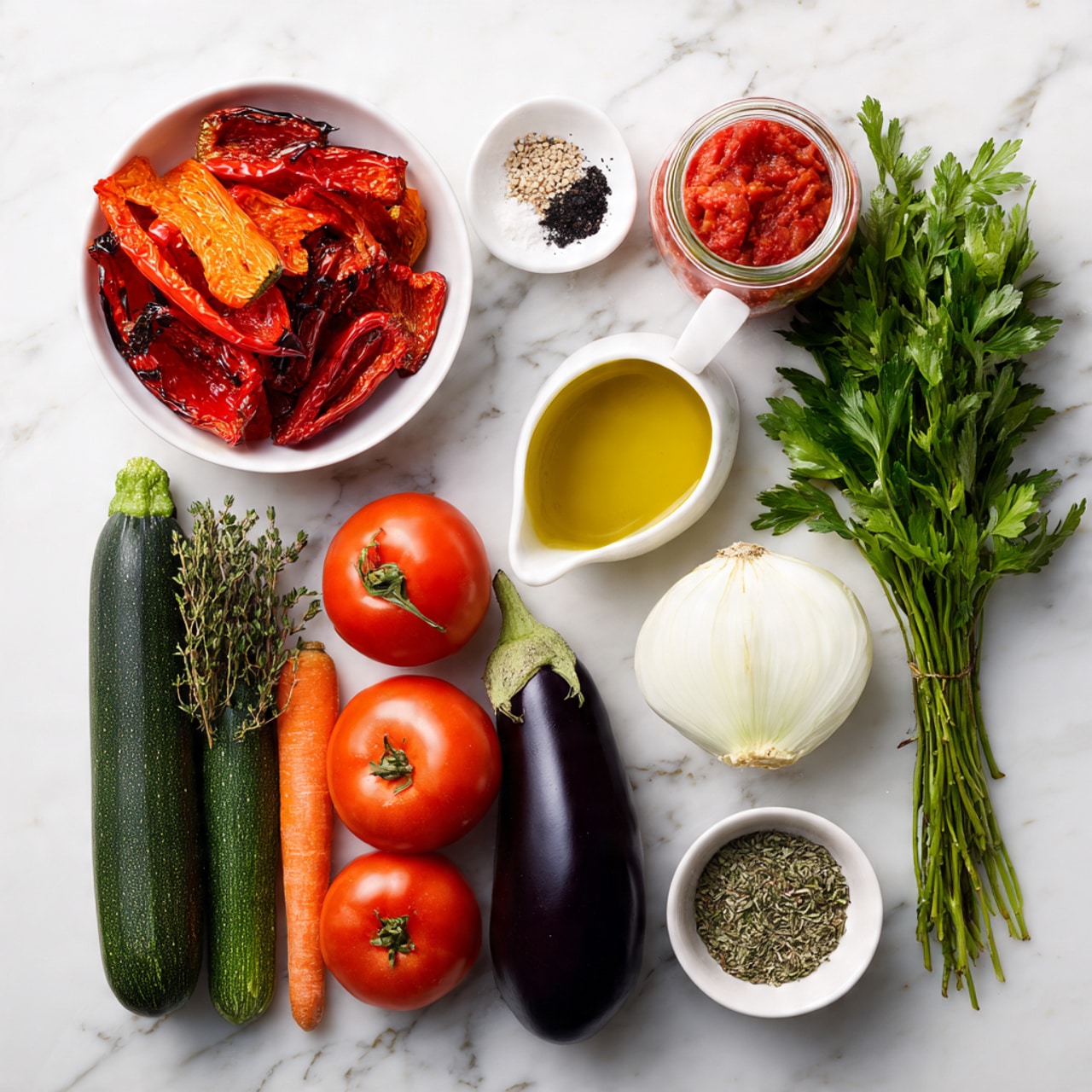 The image shows many fresh ingredients arranged neatly on a white marbled surface. On the top left, there is a white bowl filled with bright red roasted red peppers with some char marks. Next to it is a small white bowl holding coarse black pepper and salt. Below these, there is a white small jug filled with golden olive oil. To the right, a glass jug contains crushed red tomatoes. Near the center, a whole white onion with smooth skin rests beside a head of white garlic. Below them, a long, smooth purple eggplant is placed vertically next to three bright red roma tomatoes and a long orange carrot. On the left side, two dark green zucchinis with smooth skin lie next to a large bunch of fresh green parsley and bright green thyme. At the bottom right, a pale yellow summer squash rests near a small white bowl holding mixed dried herbs called Herbs De Provence. The colors are vibrant and fresh, showing rich reds, greens, purples, and yellows, all set on the white marbled surface. photo taken with an iphone --ar 4:5 --v 7