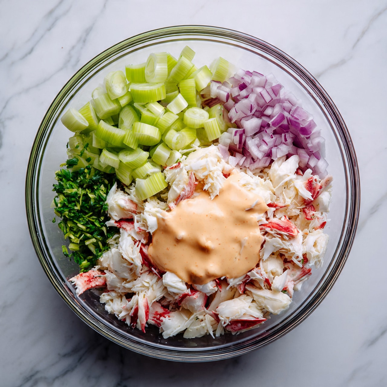 Inside a clear glass bowl on a white marbled surface, there are four layers of ingredients. The bottom layer is white and red crab pieces, torn into uneven chunks. On top of the crab, to one side, is a pile of small green celery cubes with a fresh, crisp texture. Next to the celery, there is a layer of finely chopped light purple shallots. The last layer is a dollop of creamy light orange sauce, smooth and slightly thick, covering part of the crab. photo taken with an iphone --ar 4:5 --v 7