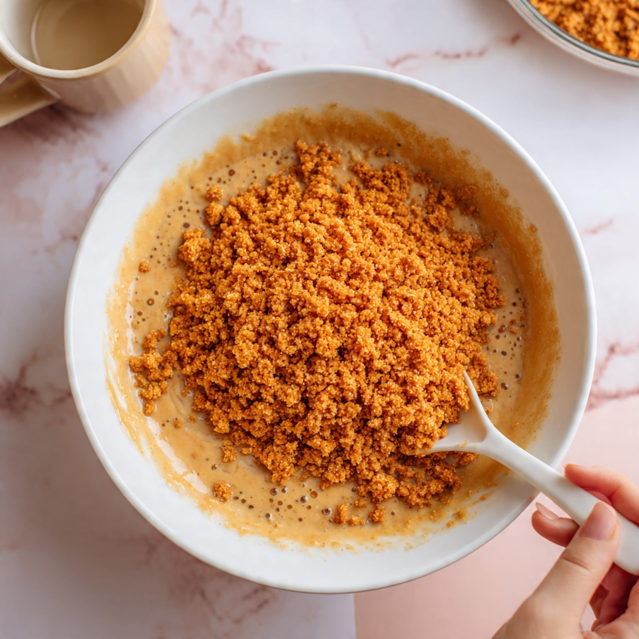 A white bowl filled with a thick light brown batter mixed with small bits of ingredients, topped with a layer of crushed golden brown cookie pieces spread evenly in the center. A light-colored spoon with a white handle rests inside the bowl on the right side, partially submerged in the mixture. The bowl is placed on a white marbled surface with a soft pink cloth beneath and a partially visible white cup and cookie jar in the background. Photo taken with an iphone --ar 4:5 --v 7