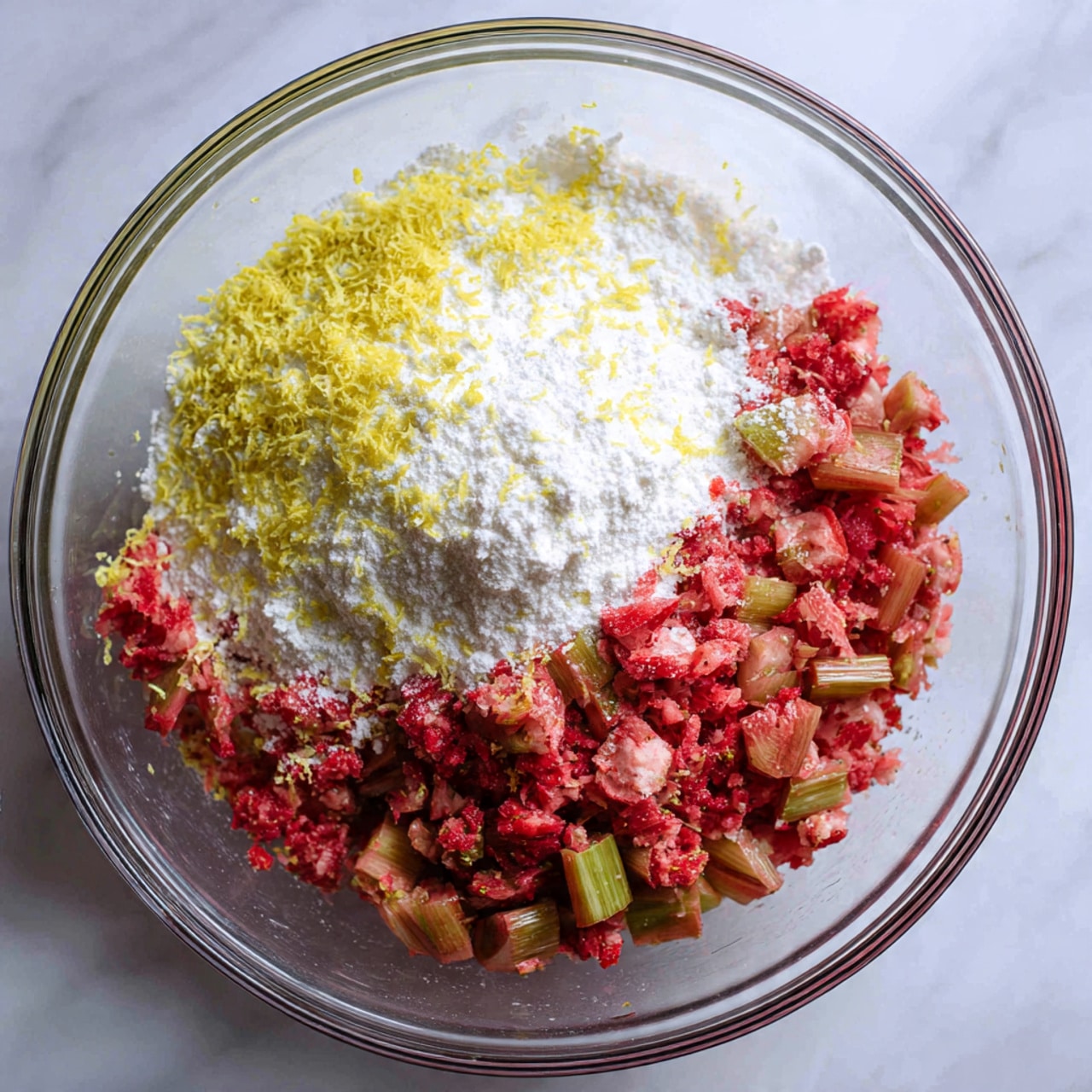 A clear glass bowl filled with three main layers: the bottom layer is a mix of small, rough red and green chopped pieces that look like rhubarb and strawberries; the middle layer has white and grainy sugar spread unevenly; the top layer shows fine yellow lemon zest sprinkled lightly over a mound of soft white flour or powdered sugar. The bowl sits on a white marbled texture surface. photo taken with an iphone --ar 4:5 --v 7