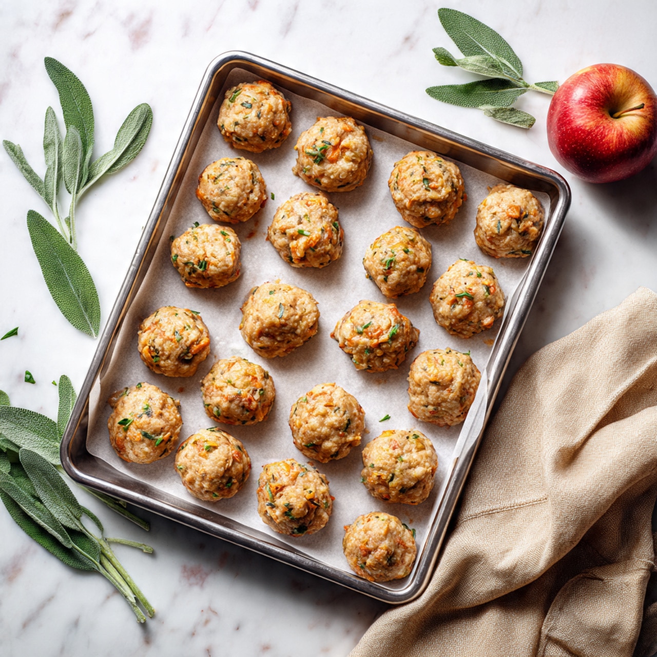 The dish has four main parts arranged neatly on a white speckled plate placed on a white marbled surface. On the bottom left, there are three light brown meatballs with specks of green and red herbs, slightly shiny. Above the meatballs, there are two bright red strawberries, each with green leafy tops. To the right of the strawberries is a cluster of small, round, dark blue blueberries. Next to the blueberries are two slices of light green kiwi fruit with visible black seeds and a white core, layered slightly on top of each other. On the right side of the plate is a large portion of creamy scrambled eggs, yellow with some small darker specks of black pepper sprinkled on top. A silver fork rests at the edge of the plate on the right side. Photo taken with an iphone --ar 4:5 --v 7