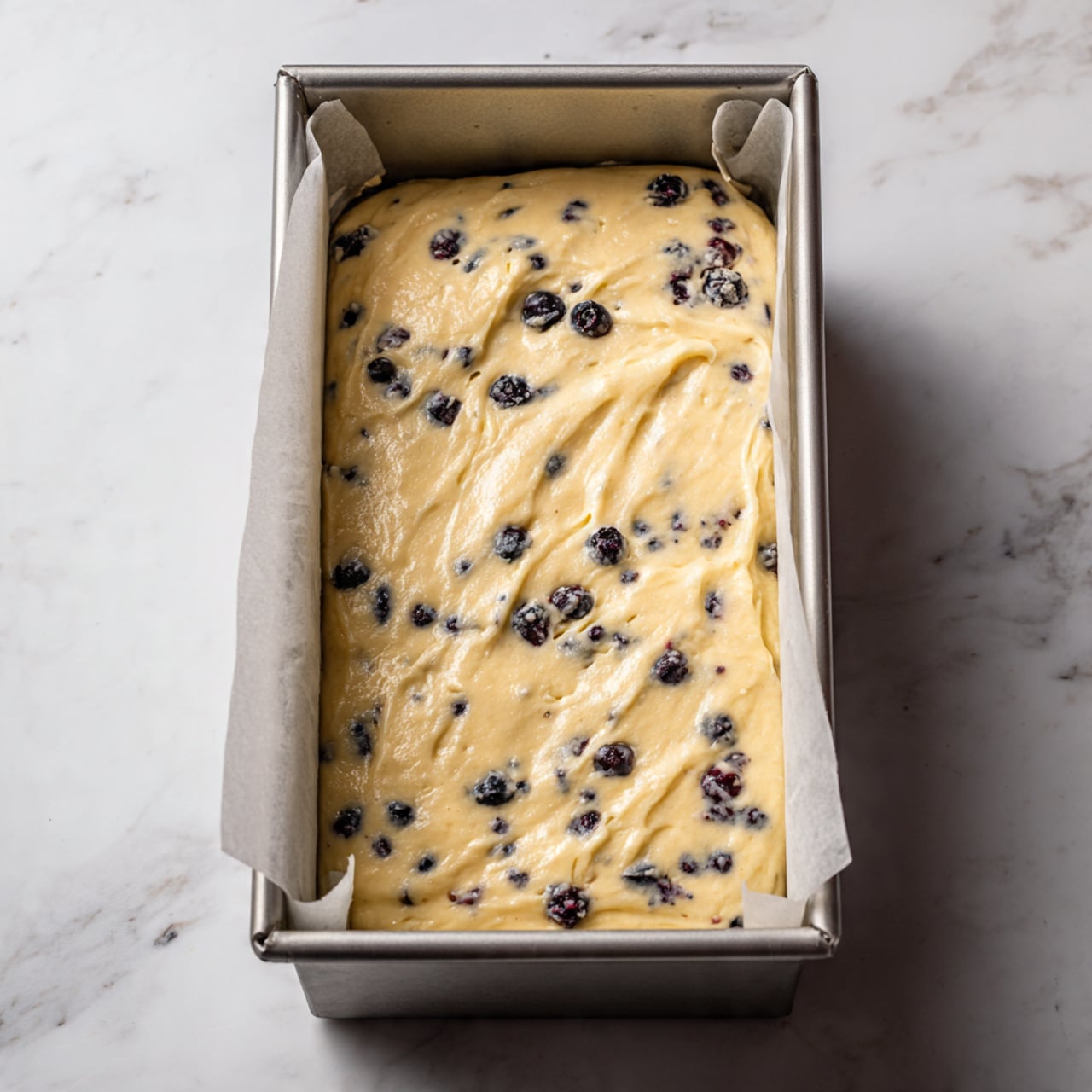 A rectangular metal baking pan lined with white parchment paper holds a thick, pale yellow batter with small dark blueberries spread throughout. On top of the batter, in the center, is a smooth, lighter cream-colored layer that looks soft and creamy. The background is a white marbled surface. photo taken with an iphone --ar 4:5 --v 7