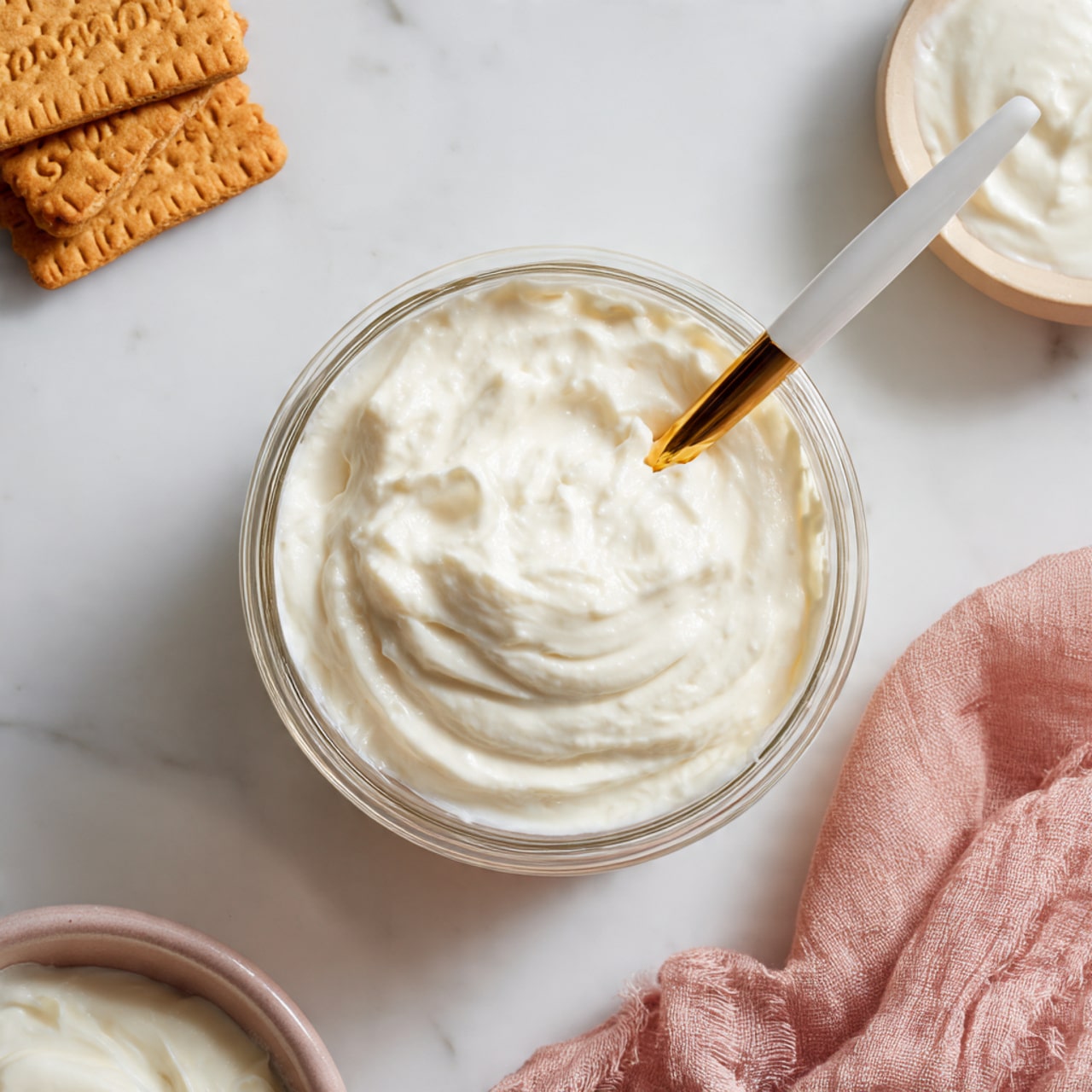 A clear glass cup filled with a smooth, thick white cream with soft peaks, a white and gold spoon resting inside, placed on a white marbled surface. On the top left corner, there are three rectangular golden-brown Lotus biscuits stacked neatly, and on the bottom right, there is a soft textured pink cloth partially visible. Below the cup, a small portion of another bowl with white cream is seen. The scene is bright and clean, highlighting the creamy texture of the white topping photo taken with an iphone --ar 4:5 --v 7