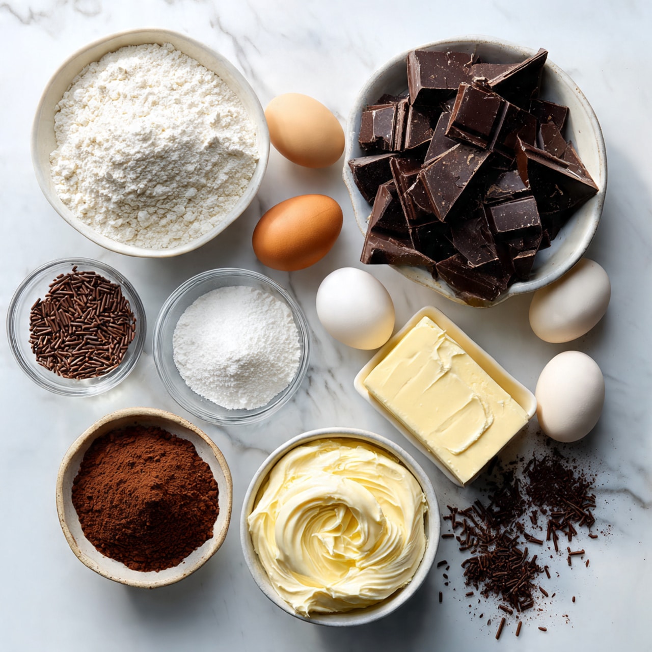 The image shows a single-layer dark brown chocolate cake with a wrinkled, slightly cracked top surface, giving it a rustic look. The cake sits on crumpled light beige parchment paper that is placed on a white marbled surface. The edges of the cake are slightly raised and rough, indicating it is homemade. The lighting is soft, emphasizing the texture of the cake's surface. Photo taken with an iphone --ar 4:5 --v 7