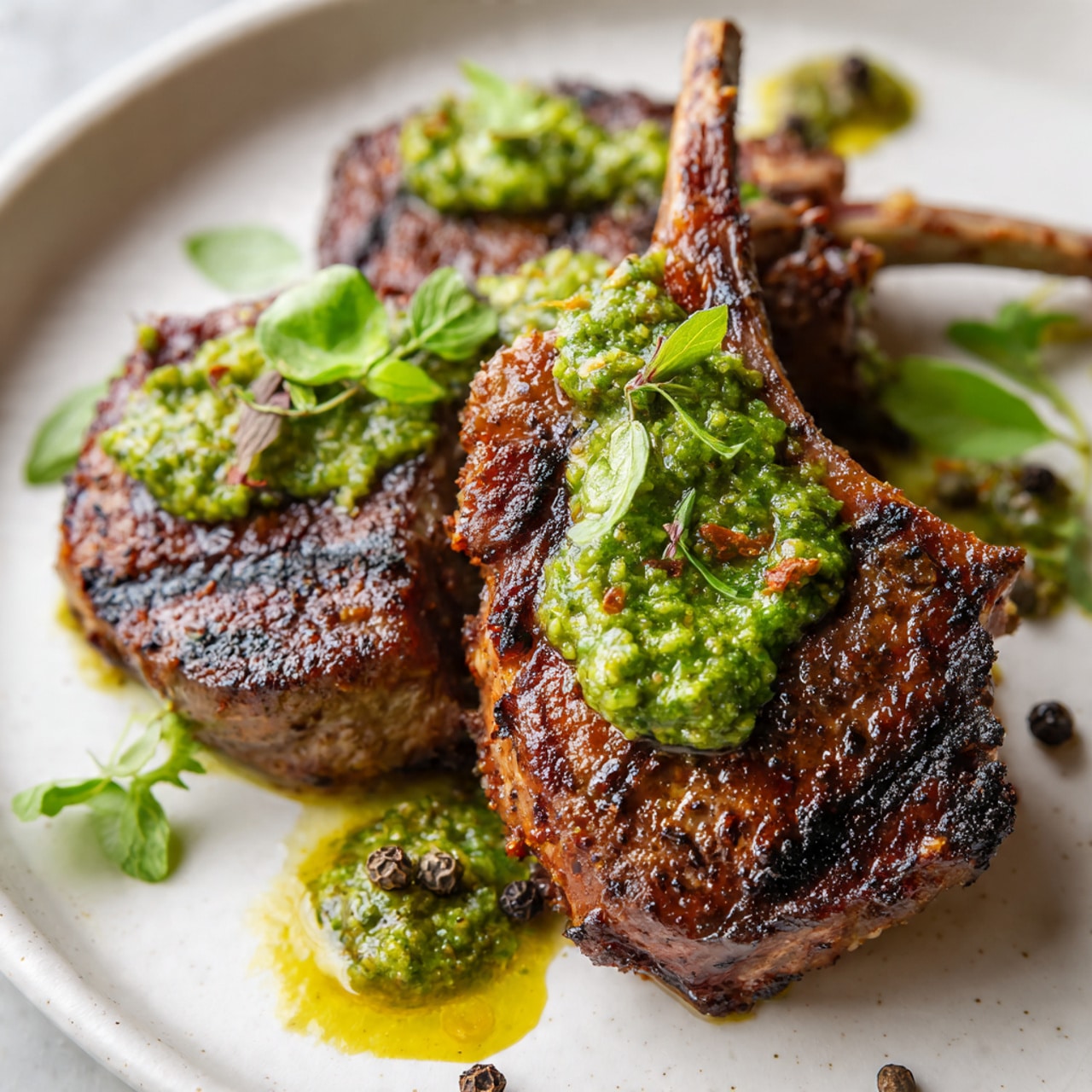 Two grilled lamb chops with a browned and slightly crispy texture lie flat on a white plate with a white marbled texture, each topped with dollops of a green chunky sauce. The sauce is spread unevenly, with some smaller drops around the plate, adding a fresh and moist contrast. Small green herb leaves and cracked black pepper are scattered around the plate, adding color and texture to the image. The grilled meat shows a mix of deep brown char marks and juicy areas, giving the dish a rich and savory look photo taken with an iphone --ar 4:5 --v 7