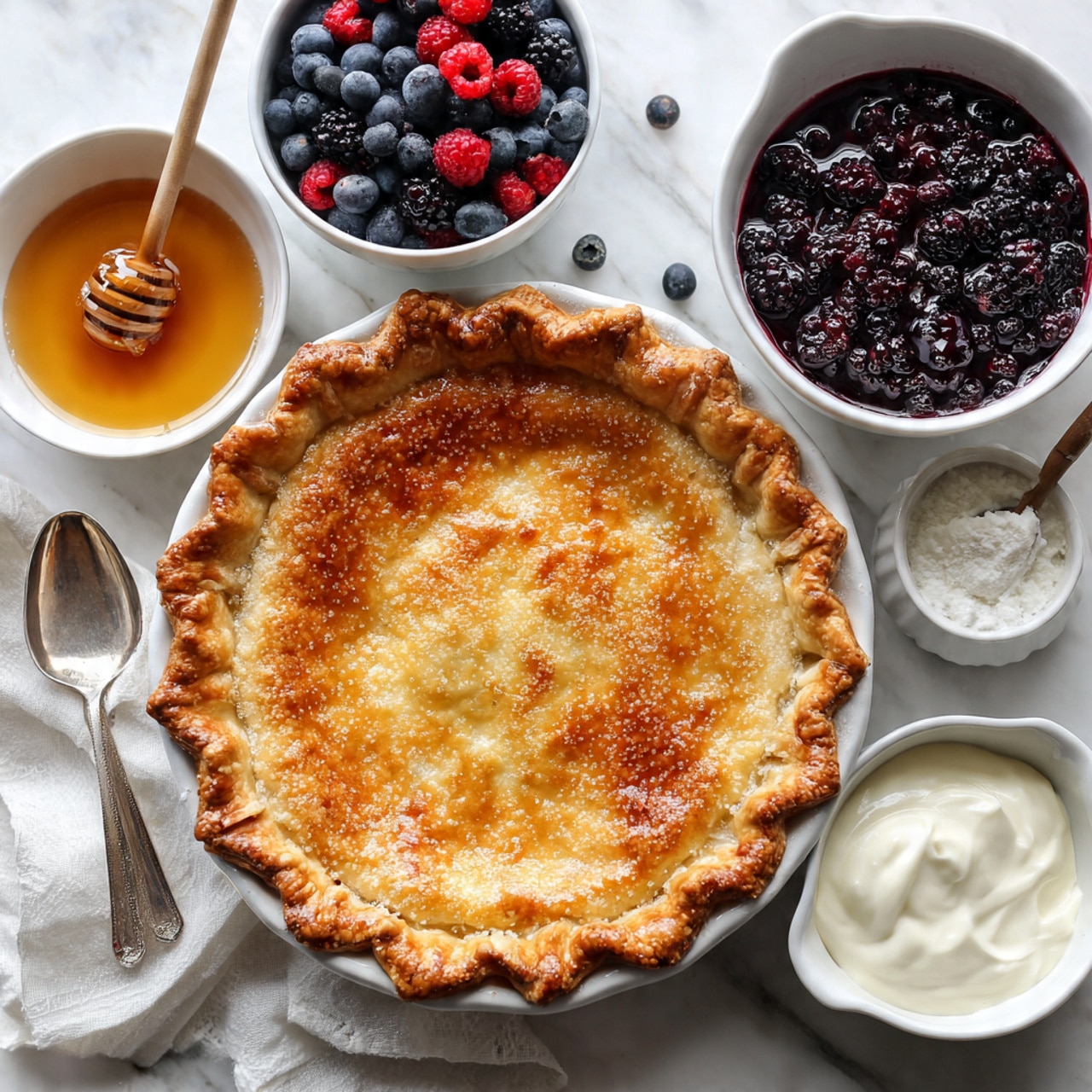 A single-layer pie with a golden brown, slightly textured top filling inside a flaky, thick crust with crimped edges, all resting in a clear glass pie dish on a white marbled surface; around the pie, there is a white bowl filled with mixed dark red and blue berries with juice, another white bowl containing light amber syrup with a honey dipper in it, and a white bowl filled with smooth white cream, plus a silver spoon lying on a white cloth nearby photo taken with an iphone --ar 4:5 --v 7