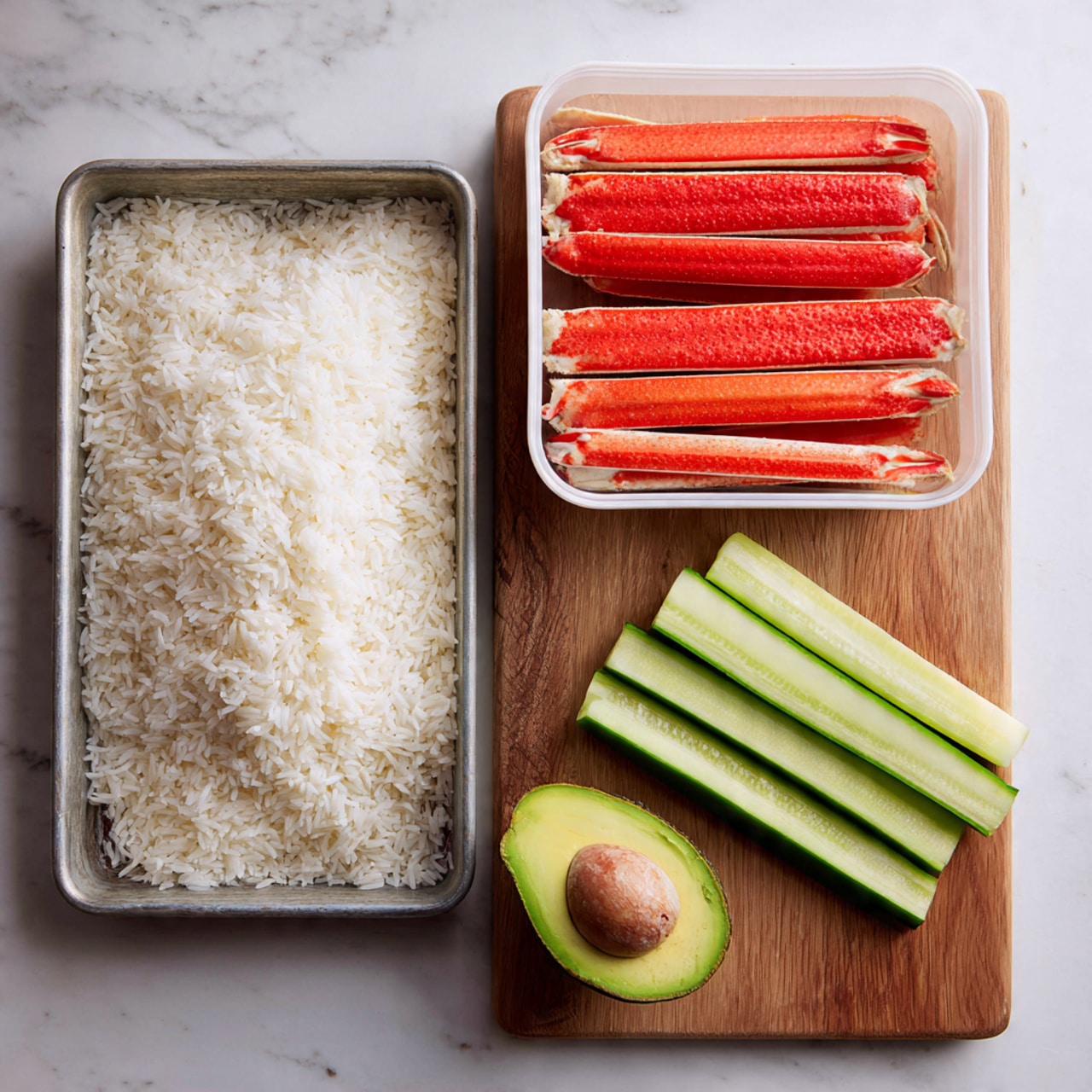 Two long sushi rolls are placed on a wooden board, each covered with a layer of white rice and topped with a crunchy, golden-brown layer that looks like crispy flakes or fried onions. Next to the sushi rolls lies a sharp knife with a wooden handle and a shiny steel blade engraved with Japanese characters. In the upper left corner, there is a white wooden tray holding eight small, cut pieces of the same sushi rolls, showing a glimpse of green and cream-colored filling inside. The whole scene is set on a white marbled surface, creating a clean and simple background. photo taken with an iphone --ar 4:5 --v 7
