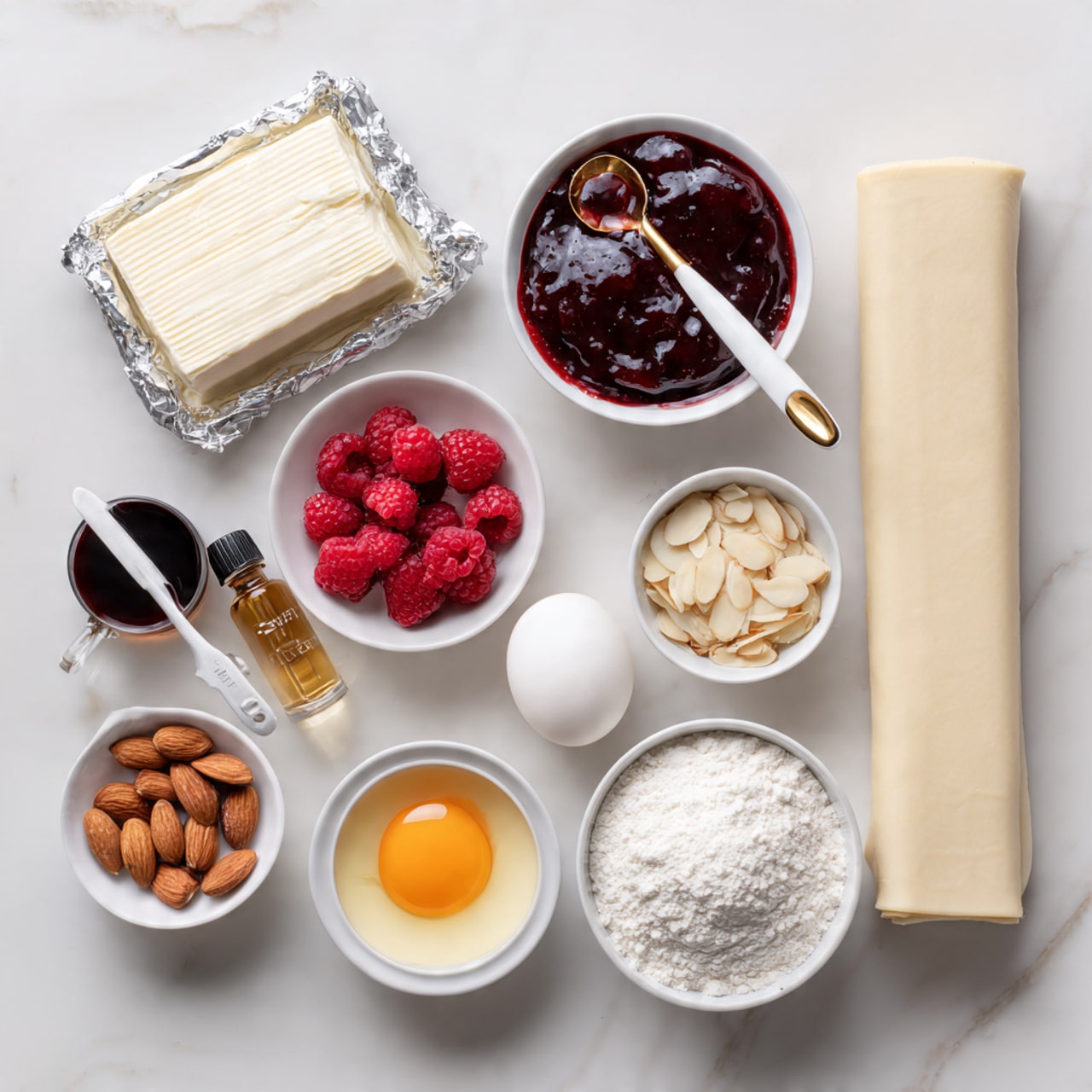 The image shows ingredients neatly arranged on a white marbled surface. At the top left is an opened silver foil with a block of cream cheese that is smooth and white. To its right is a white bowl filled with thick, dark red raspberry jam and a white spoon with a gold handle resting inside. Below the cream cheese are small bowls and utensils containing bright red whole raspberries, white granulated sugar, and sliced light brown almonds. In the center, a small white dish holds a raw egg yolk, and a white egg sits directly on the surface nearby. A tiny bottle of black almond extract with a white cap is placed next to a small bowl of dark brown vanilla extract. At the bottom is a small bowl of white milk and a measuring cup filled with white flour. On the far right, a long wrapped sheet of pale cream-colored puff pastry rests upright. Each ingredient contrasts against the smooth light background, creating a clean and organized look photo taken with an iphone --ar 4:5 --v 7