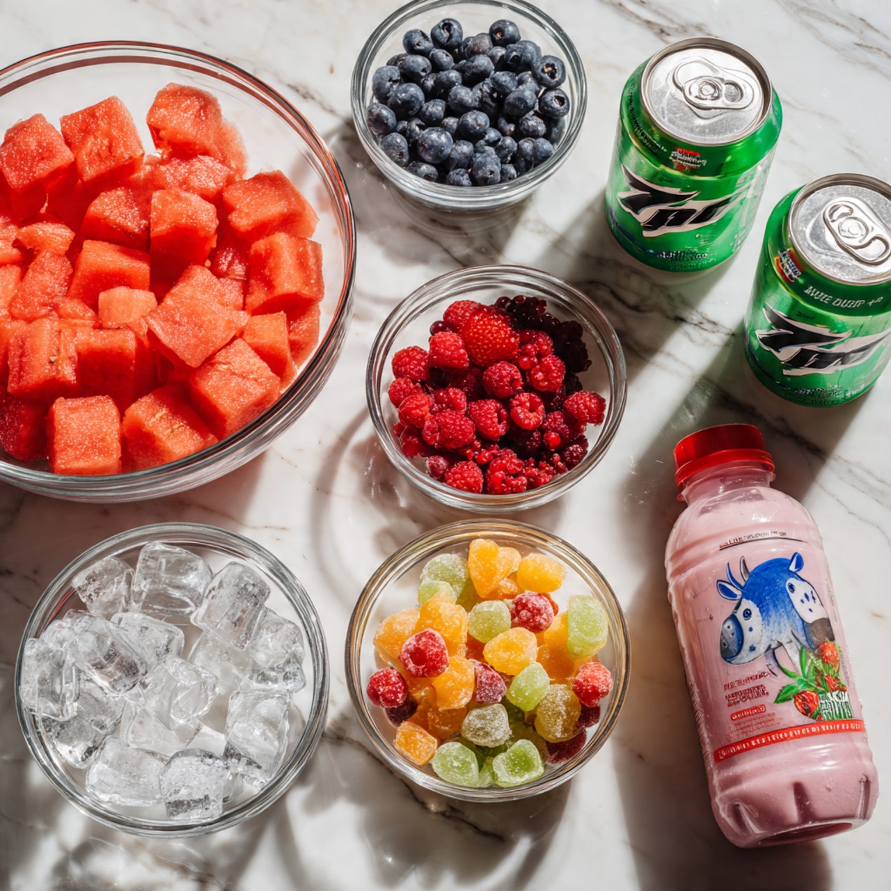 A clear glass bowl holds a colorful mix of fresh fruit, layered gently. The bottom layer is made of red watermelon cubes, covering about half the bowl. On top of the watermelon, there are small yellow and orange fruit pieces, including cantaloupe and green grapes, forming the middle layer. Crowning the bowl, there is a thick cluster of bright red raspberries and dark blue blueberries, placed mainly in the center, with some raspberries scattered on the sides. The bowl sits on a smooth white marbled surface. photo taken with an iphone --ar 4:5 --v 7