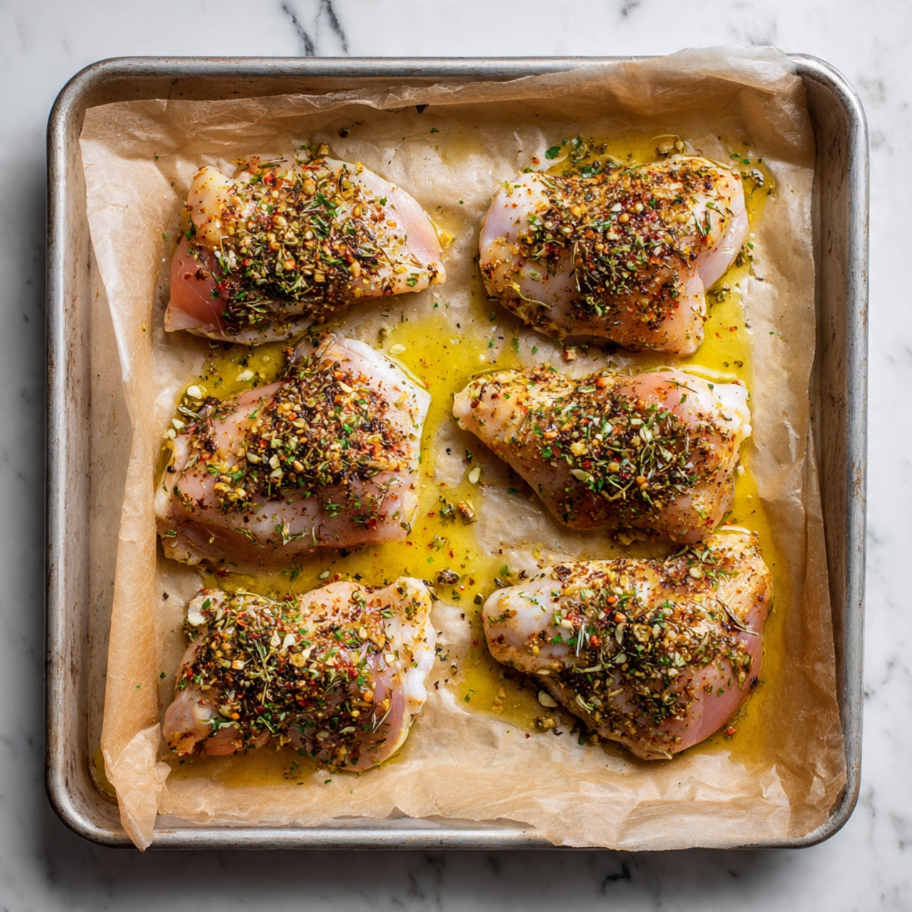 A metal baking tray lined with light brown parchment paper holds six raw chicken pieces spread out in two rows. Each chicken piece is covered with a layer of seasoning, consisting of dark brown and green dried herbs and spices scattered all over the light pink meat. There are visible drops of yellow oil around the chicken on the parchment paper. The tray is set on a white marbled surface. photo taken with an iphone --ar 4:5 --v 7