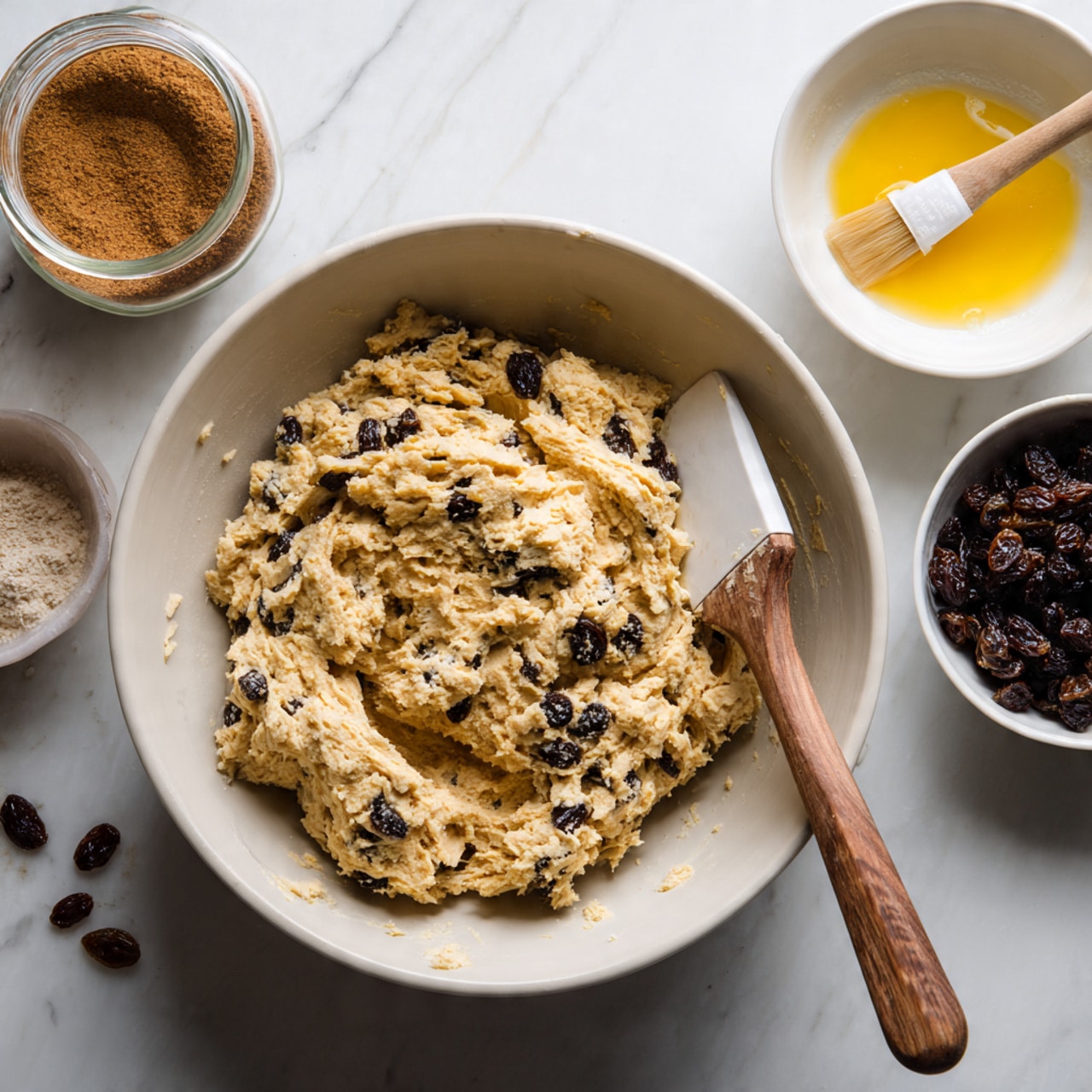 A large white bowl filled with thick, rough-textured dough studded with dark raisins scattered throughout, with a wooden and white spatula resting inside on the right side. Above the bowl, there is a smaller white bowl containing a yellow beaten egg mixture with a brush resting in it. To the left of the small bowl is a jar with brown spice powder and a wooden spoon inside. To the right, there is another white bowl, filled with more dark raisins. The setup is placed on a white marbled surface. photo taken with an iphone --ar 4:5 --v 7