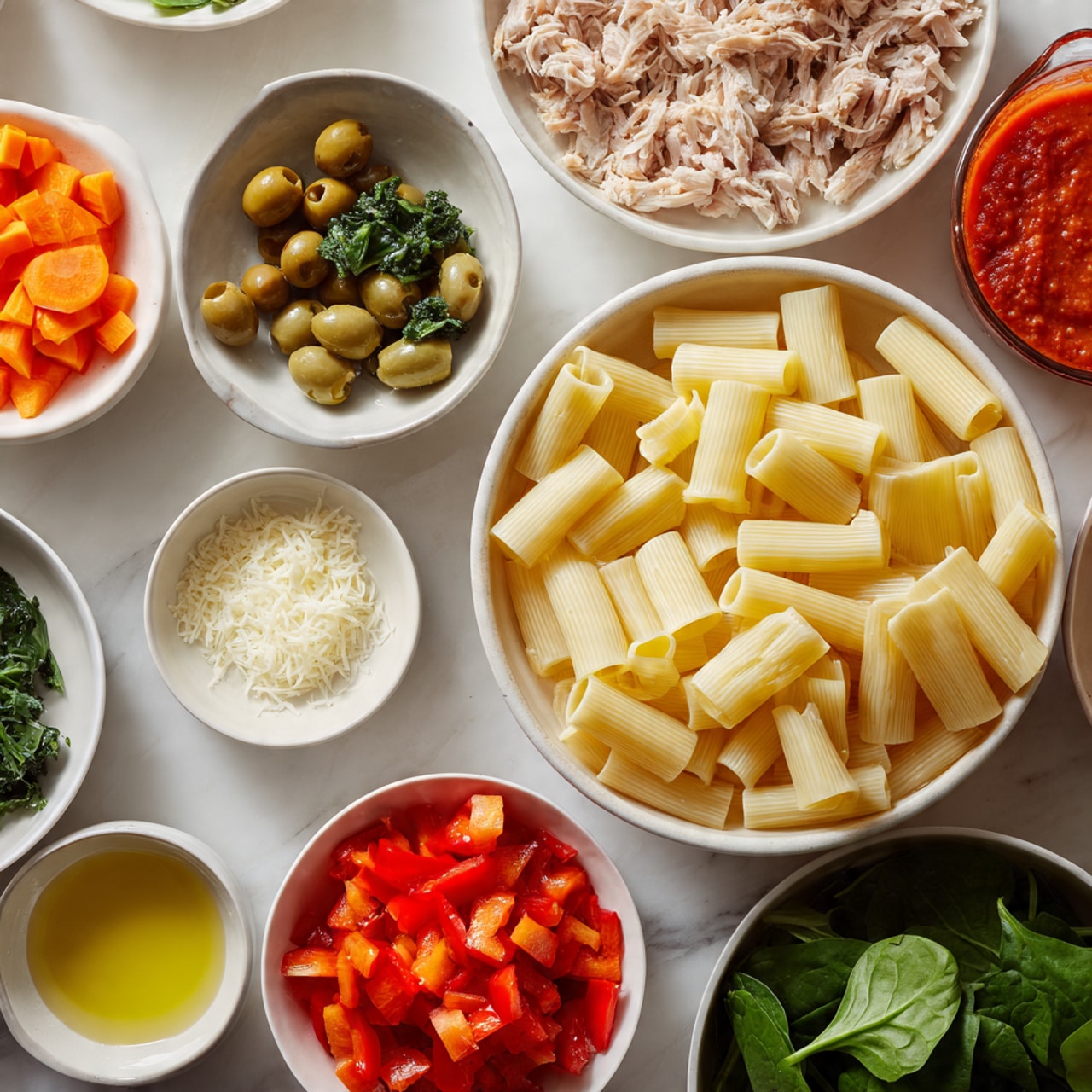 The image shows several white bowls and a glass measuring cup arranged on a white marbled surface. At the top left, there is a white bowl filled with large rigatoni pasta, pale yellow and smooth in texture. To the right of the pasta, a clear glass measuring cup contains thick, bright red tomato sauce. Below the pasta bowl, a bowl holds chopped green olives, while next to it, a larger bowl is filled with flaked, light brown tuna. To the right is a small white bowl of golden olive oil, followed by a bowl of bright orange carrot slices. At the bottom left, a bowl holds finely grated white cheese, near it is a small bowl of fresh green basil leaves. Centrally placed at the bottom is a bowl filled with bright red diced bell peppers. To the bottom right, a larger bowl contains fresh dark green spinach leaves, and next to it, a small bowl of finely chopped garlic is seen. Photo taken with an iphone --ar 4:5 --v 7