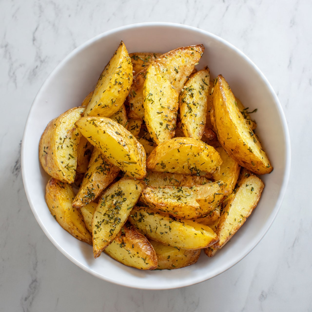 A white bowl filled with many potato wedges that are golden yellow with hints of light brown in some edges, sprinkled evenly with small green dried herb flakes. The wedges look crispy on the outside and soft inside, placed on a white marbled surface. photo taken with an iphone --ar 4:5 --v 7