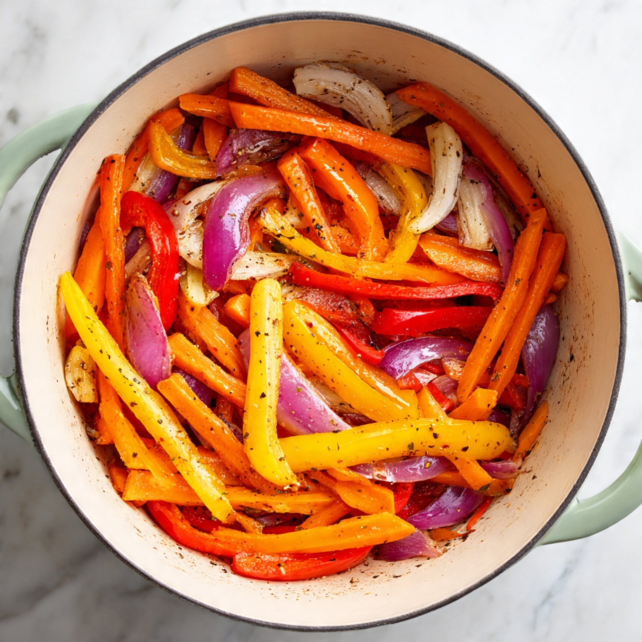 A white pot filled with a mix of cooked vegetables, layered with bright orange carrot sticks, yellow bell pepper strips, red bell pepper strips, and thin curved slices of purple onion. The vegetables have a soft texture with some light browning and seasoning visible, scattered evenly inside the pot. The pot sits on a white marbled surface, and its white interior contrasts with the vibrant colors of the vegetables, while the pot's pale green handle is partially visible. photo taken with an iphone --ar 4:5 --v 7