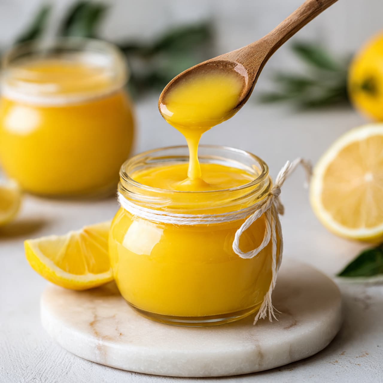 The image shows a clear glass jar filled with thick, bright yellow lemon curd, tied around the neck with a white string bow. The jar sits on a round white marble coaster placed on a white marbled surface. Surrounding the jar, there are fresh lemons, one whole and two halves showing bright yellow flesh. A small wooden spoon is in the foreground, its smooth brown texture contrasting with the bright lemon colors. The background is softly blurred with light green and white tones, giving a fresh and clean look. photo taken with an iphone --ar 4:5 --v 7