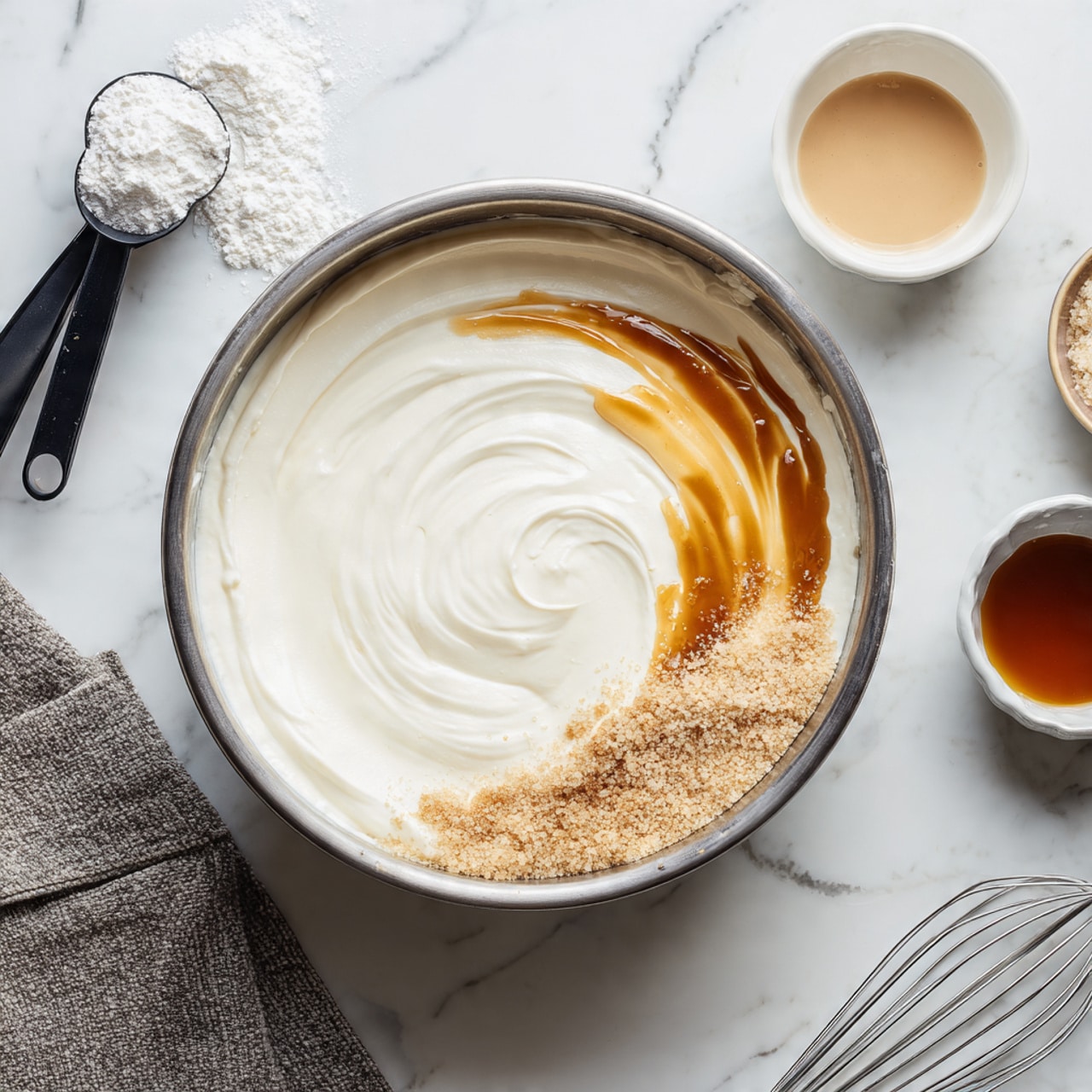 A large metal bowl sits on a white marbled surface, filled with four visible mixture layers: a smooth white cream forming the base layer covering most of the bowl, a mound of fine white powder slightly to the left, a thick golden brown syrup spread unevenly over the top center, and a light brown granulated substance near the syrup. Around the bowl are black measuring spoons connected together at the top left, a small white bowl with light brown liquid on the upper right, a gray textured cloth on the bottom left, and part of a white wire whisk at the bottom right. The scene is bright and clean, with soft natural light coming from above. photo taken with an iphone --ar 4:5 --v 7