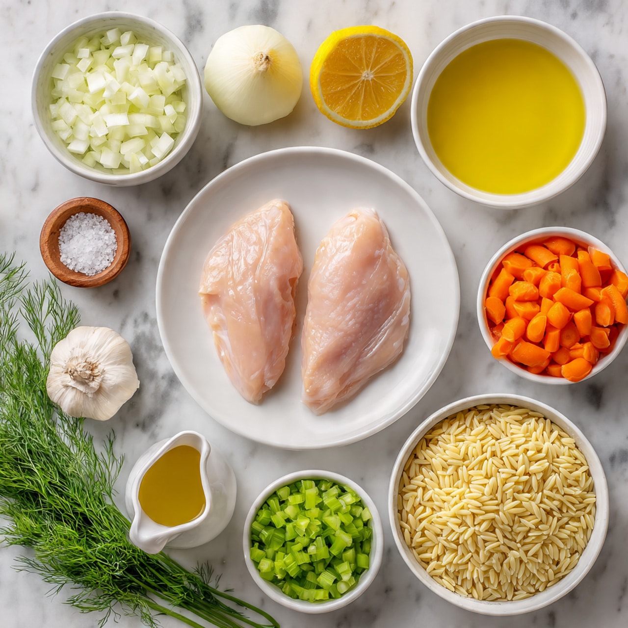 The image shows a white plate in the center with two raw chicken pieces that are pale pink and smooth. Around the plate, there are several small white bowls and items arranged on a white marbled surface: on top left, a bowl with diced white onions; next to it, a halved bright yellow lemon; on the top right, a bowl with golden yellow olive oil; under that, a bowl with thinly sliced bright orange carrots; to the right of the plate, sprigs of fresh green dill and a whole garlic bulb; below the plate, a bowl with pale yellow orzo pasta; next to it, a bowl filled with chopped green celery; and in front, a small white pitcher containing light golden chicken broth. A small wooden bowl with coarse white salt is near the top left lemon half. The colors are fresh and natural, making the ingredients clear and easy to see. photo taken with an iphone --ar 4:5 --v 7