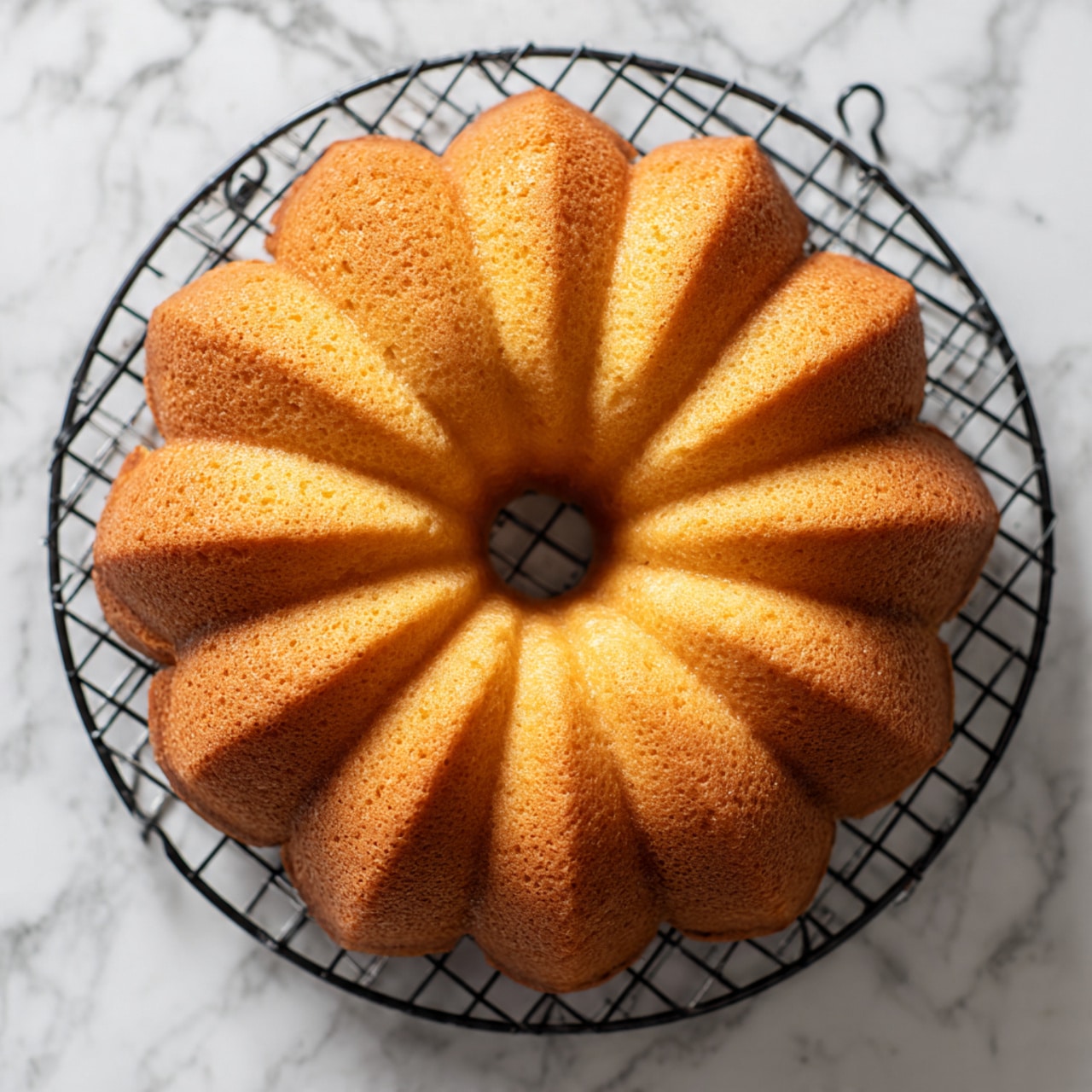 A single bundt cake with a rich golden brown color sits on a black wire cooling rack, placed over a white marbled surface. The cake has a smooth texture with defined, curved ridges radiating from the hole in the center, forming a symmetrical flower-like shape. There are no additional toppings or decorations on the cake, highlighting its simple yet elegant form. Photo taken with an iphone --ar 4:5 --v 7